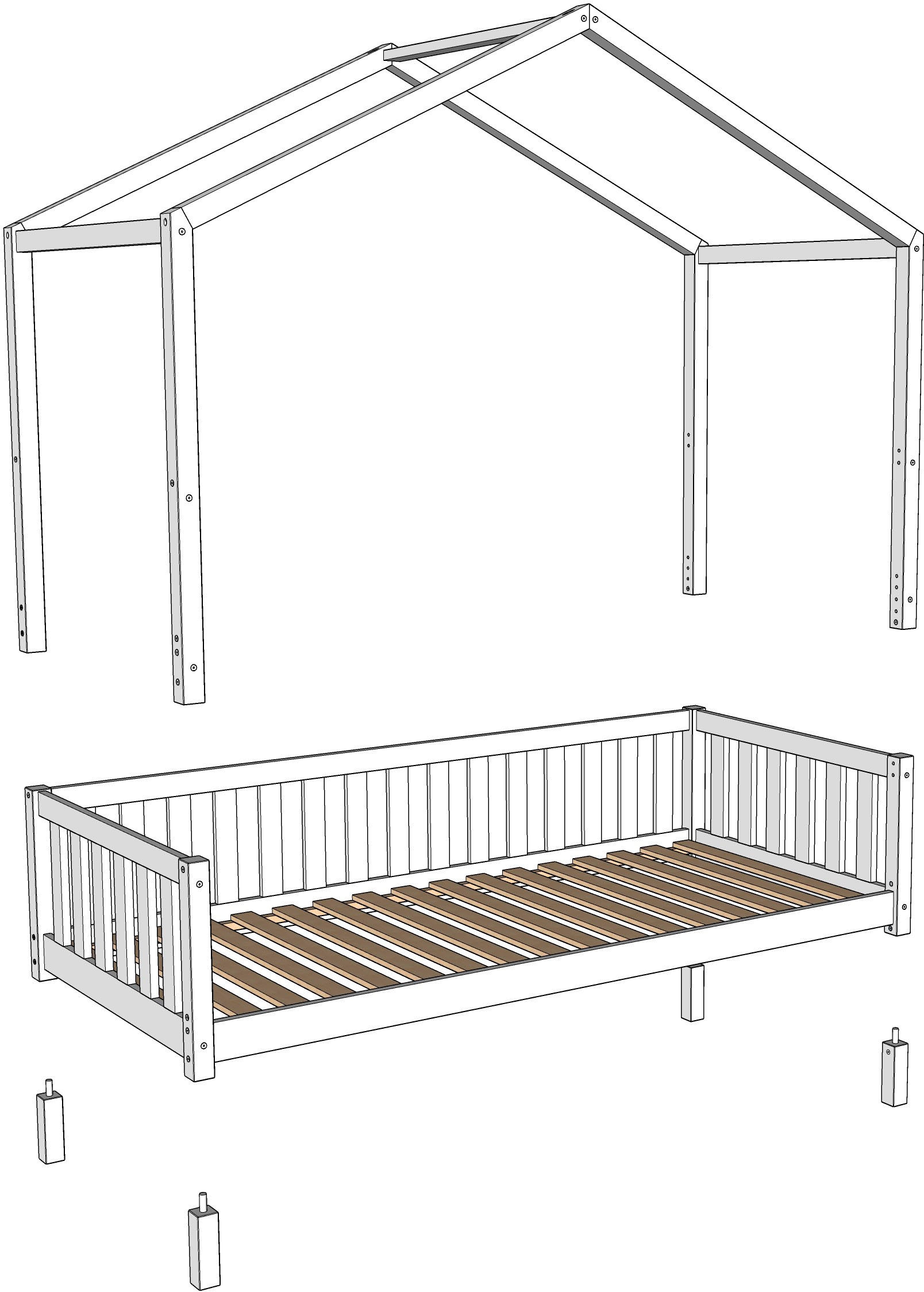 Vipack Hausbett »Dallas, Massivholzbett mit Dachaufbau umbaubar vom Boden- zum Daybett« inkl. Rolllattenrost und Sprossenumrandung, 90 oder 140x200 cm breit,  stabil und standfest gebaut, wahlweise Kiefer massiv natur oder weiß