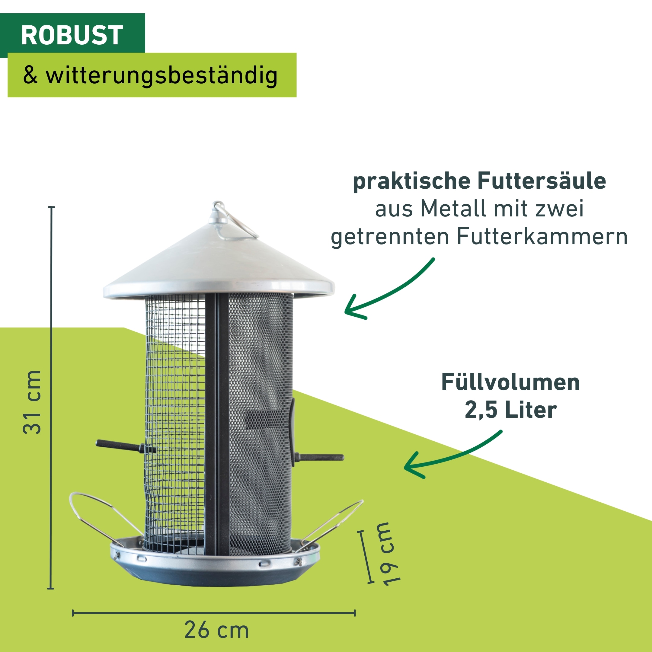 Windhager Futterhaus »Happy Bird, Vogelfuttersilo aus robustem Metall, abnehmbares Dach« Futterstation inkl. Aufhängung, Füllmenge ca. 2,5 Liter, 19x26x31 cm