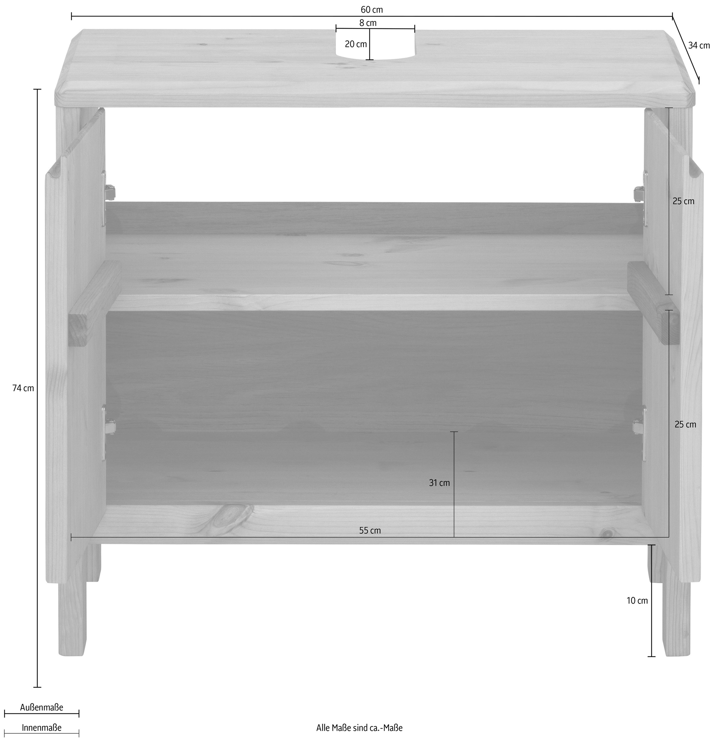 OTTO products Waschbeckenunterschrank »Jorrick«, Breite 60 cm, Kiefer mit Bio Öl/Wachs behandelt, Siphonausschnitt