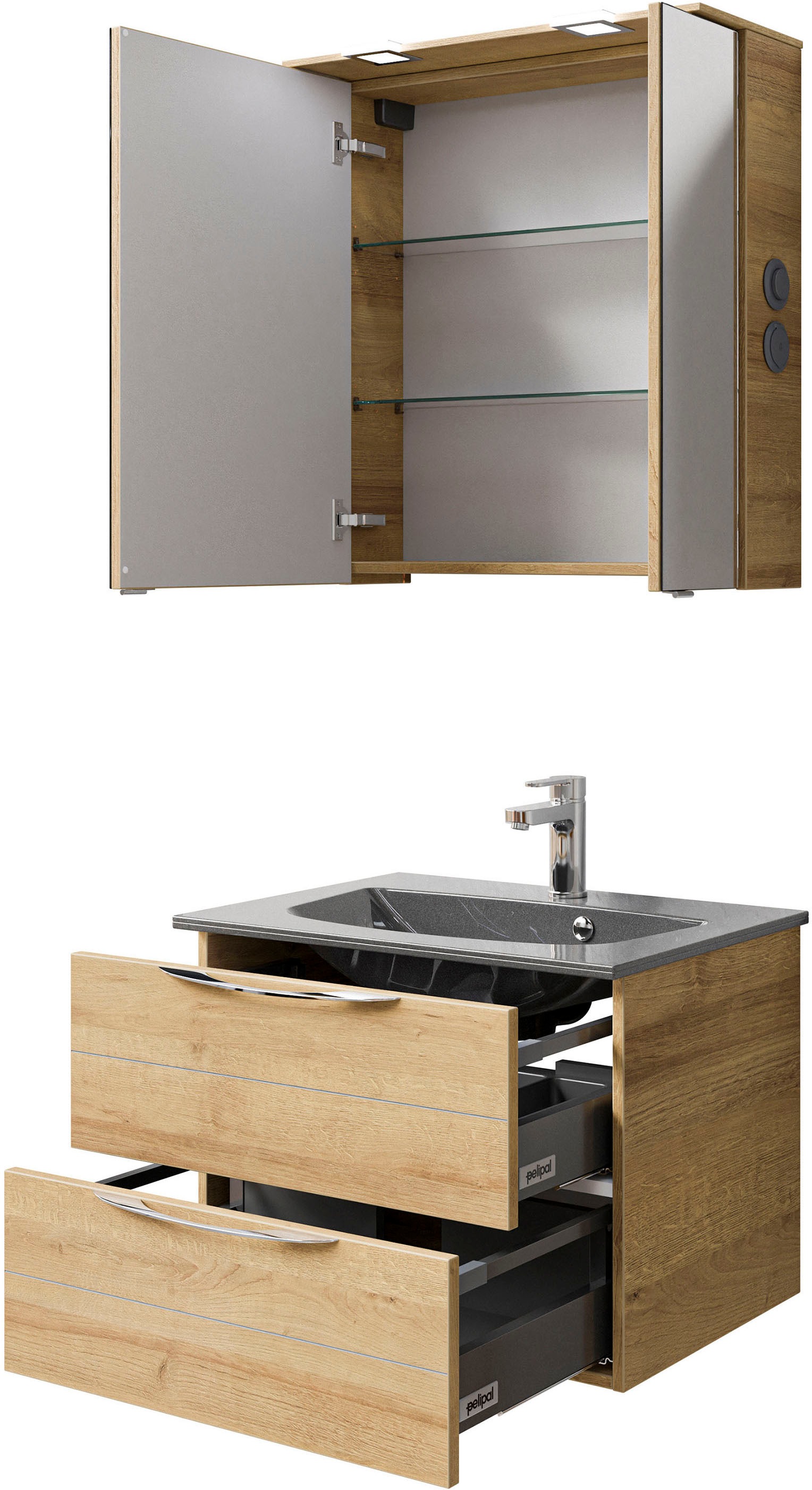 Saphir Badmöbel-Set »Serie 6025 2-teilig Mineralmarmor-Waschtisch mit LED-Spiegelschrank«, (2 St.), Waschplatz 67 cm breit, 2 Schubladen, 2 Spiegel-Türen, inkl Türdämpfer