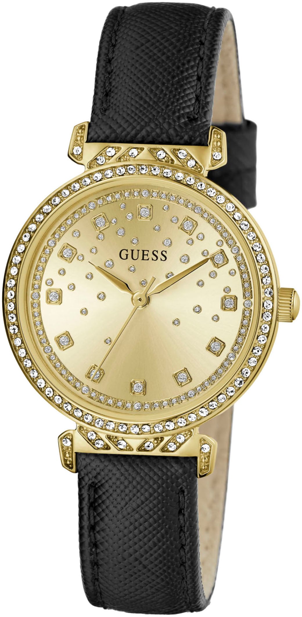 Guess Quarzuhr »ENCHANTMENT«, Armbanduhr, Damenuhr, Kristallsteine, Mineralglas, Lederarmband