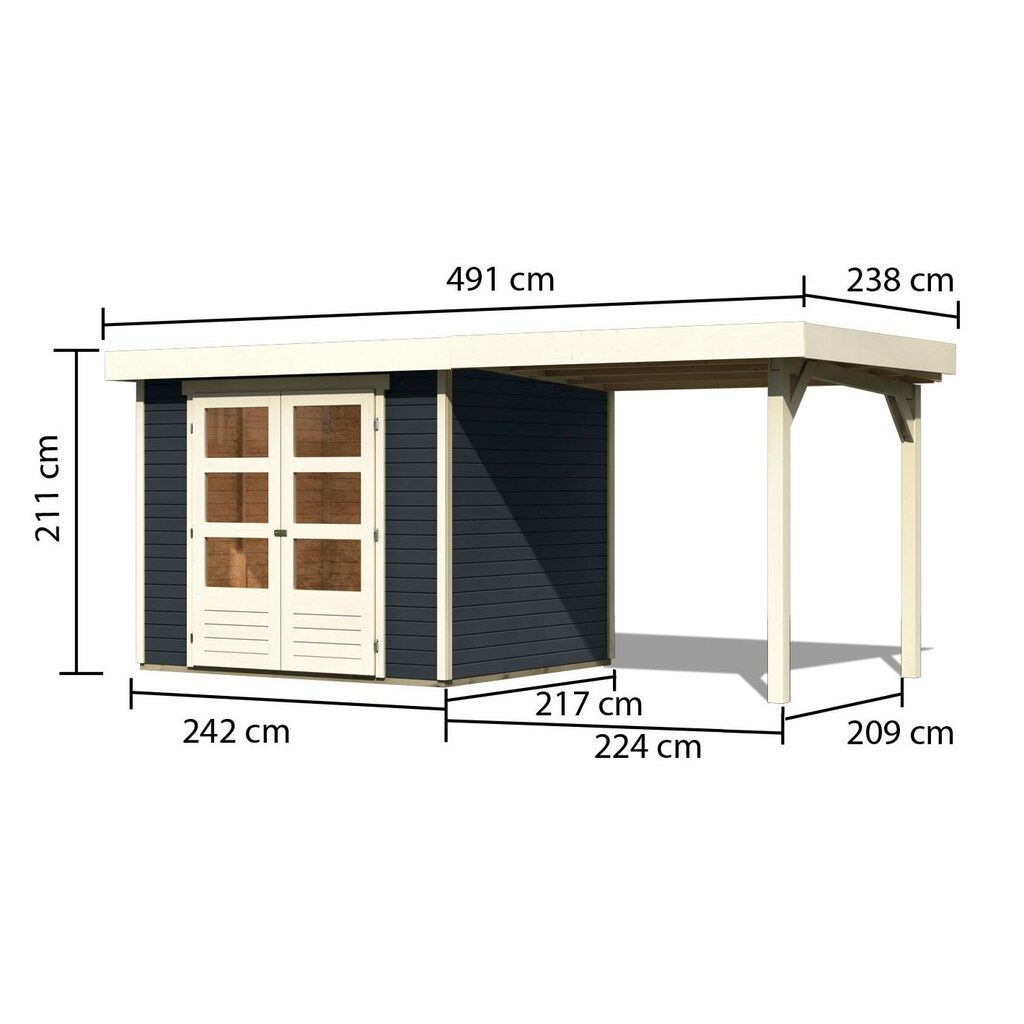 Karibu Gartenhaus »Arnis«, (Set), mit Anbaudach 2,40 m Breite