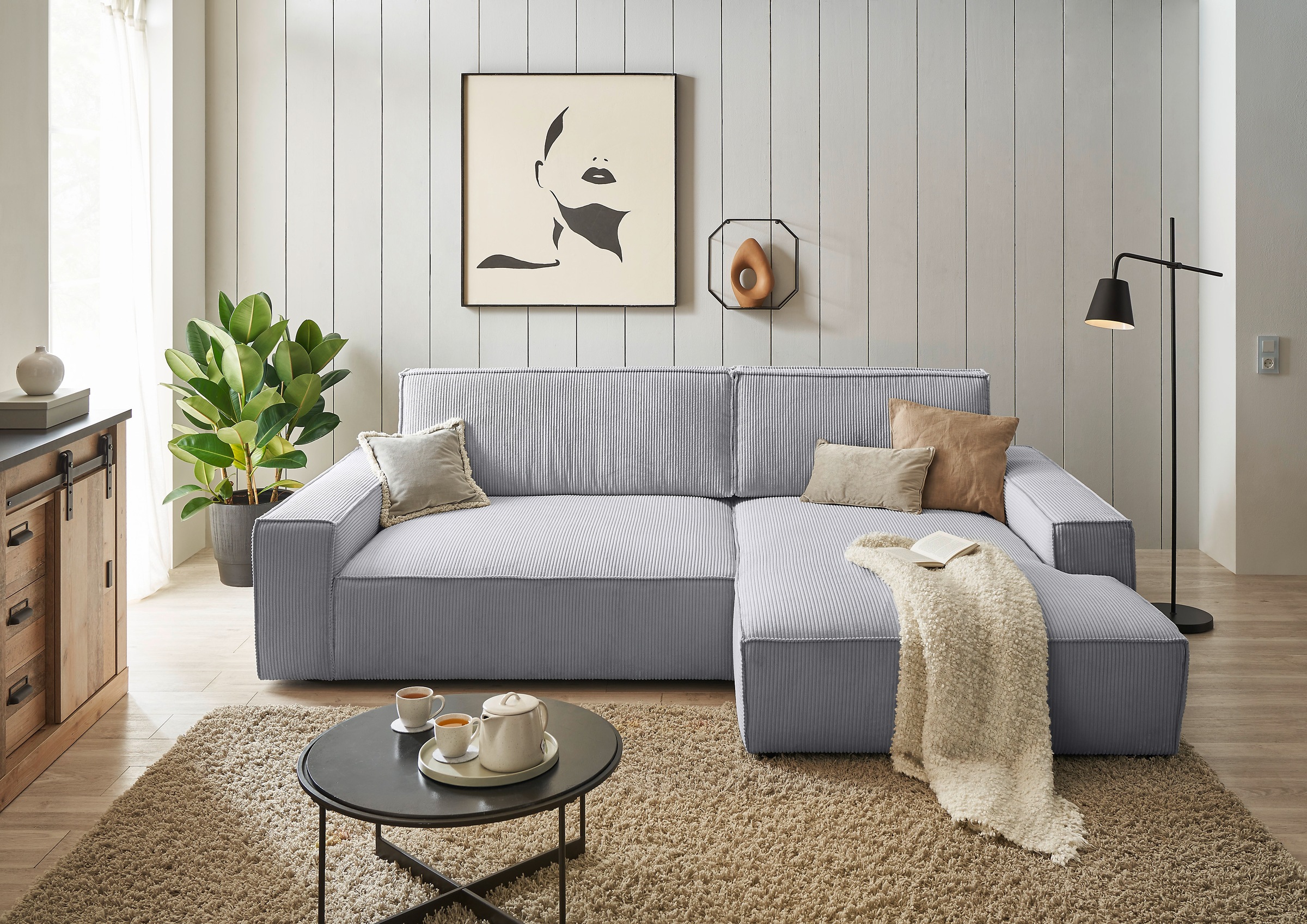 Home affaire Ecksofa »NEU: SHERWOODL XXL 284, Big-Sofa L-Form, tiefe Sitzfläche 95 cm, Cord,«, Leinenoptik, Recamiere rechts/links, auch als Schlafsofa stellbar