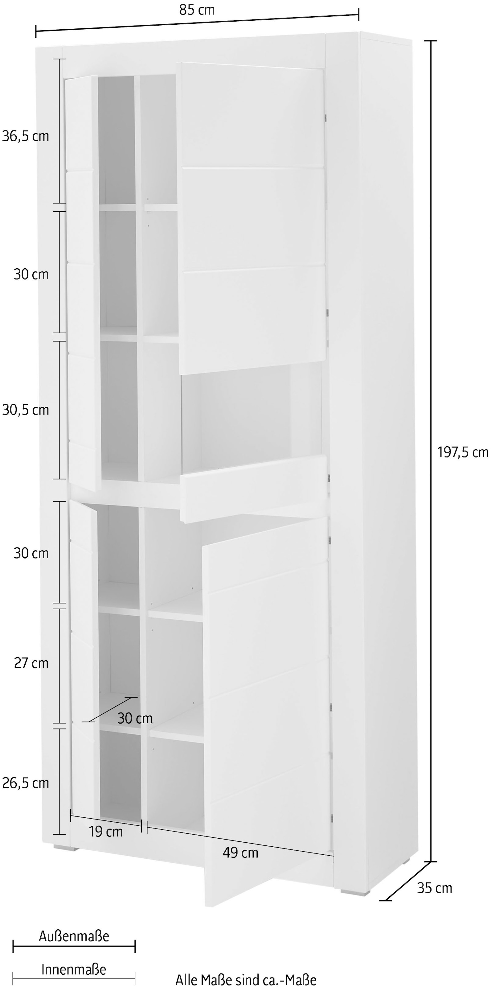 INOSIGN Vitrine »Chester, Hochschrank mit Stauraum, Glasvitrine, Anrichte, Weiß Matt«, (1 St.), austauschbare Blende in der Griffleiste, zeitloses Design, 85 cm breit