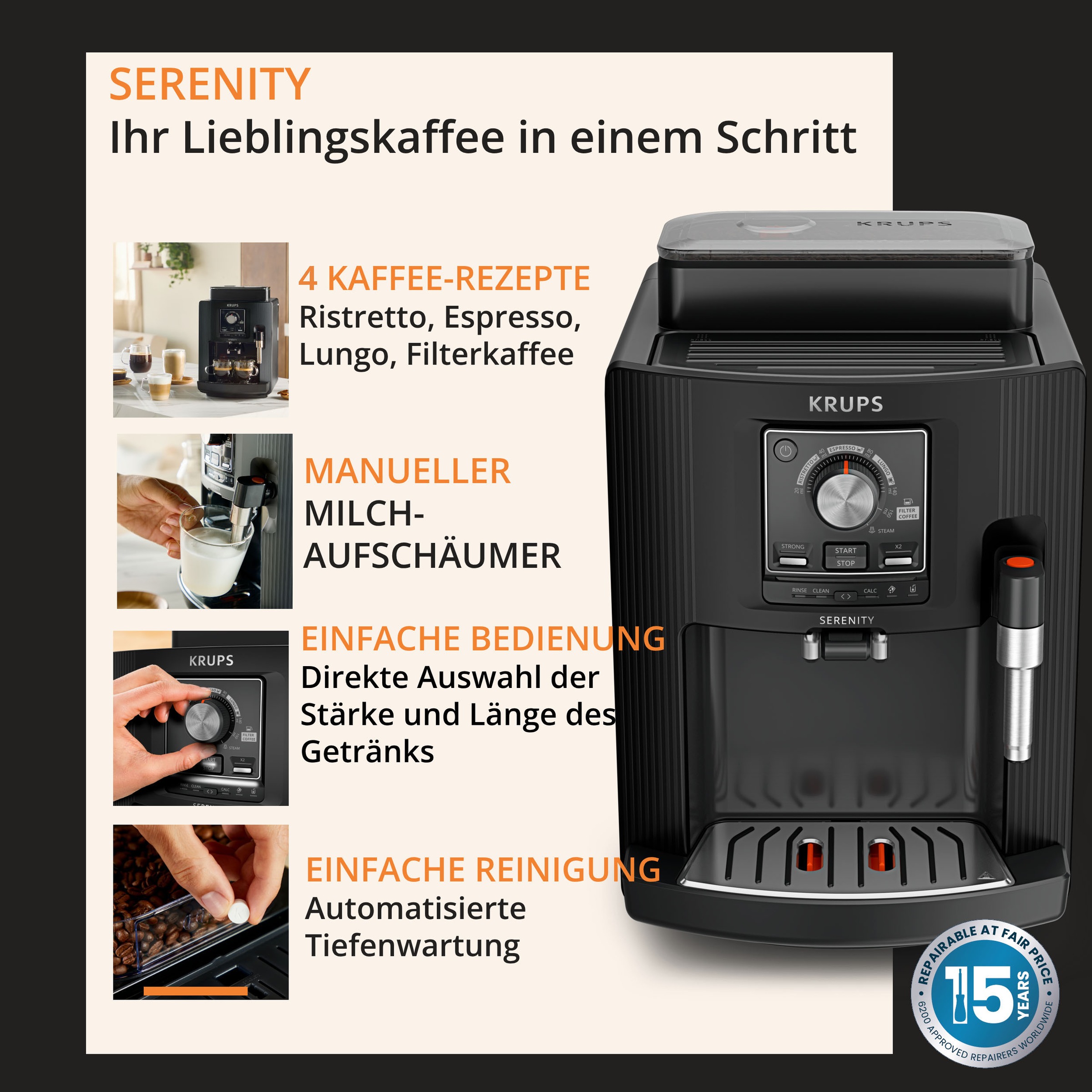 Krups Kaffeevollautomat »EA4008 Serenity« 4 Getränke, Dampfdüse, automatische Reinigung, Doppeltassen-Funktion
