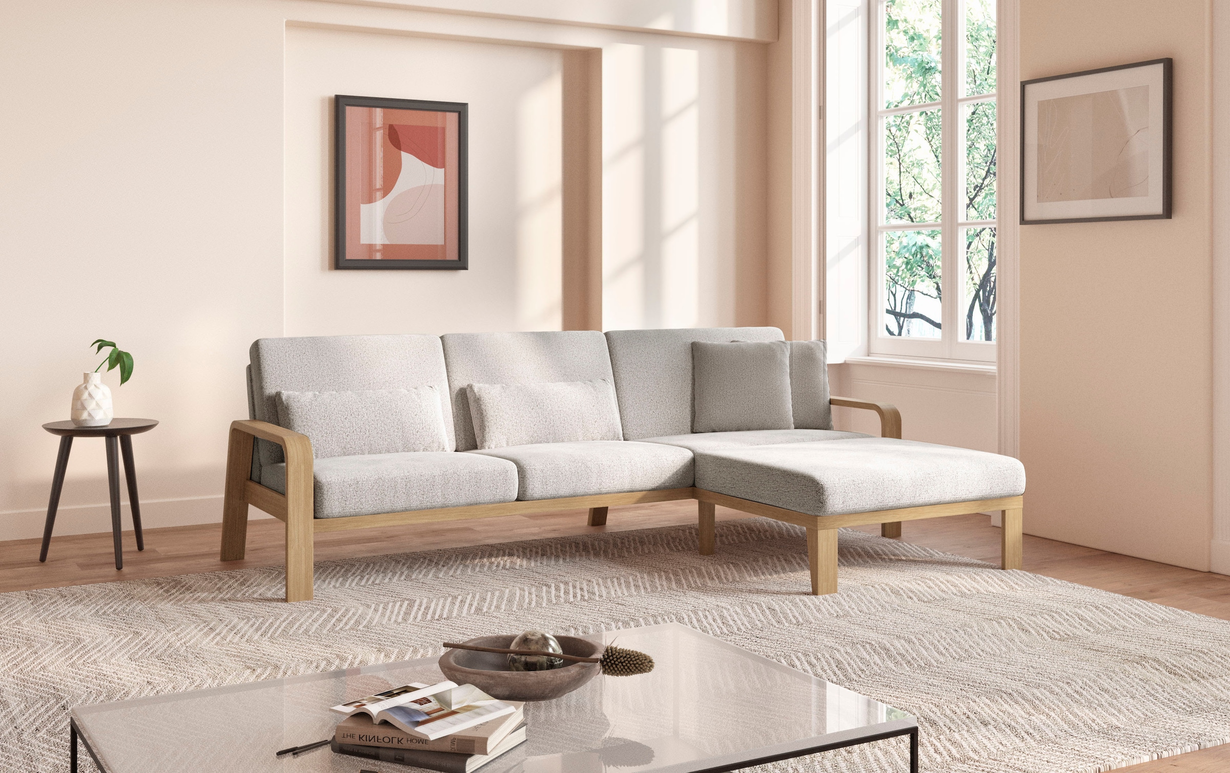 sit&more Ecksofa »Kolding L-Form«, Armlehnen aus Buchenholz in natur, verschiedene Bezüge und Farben