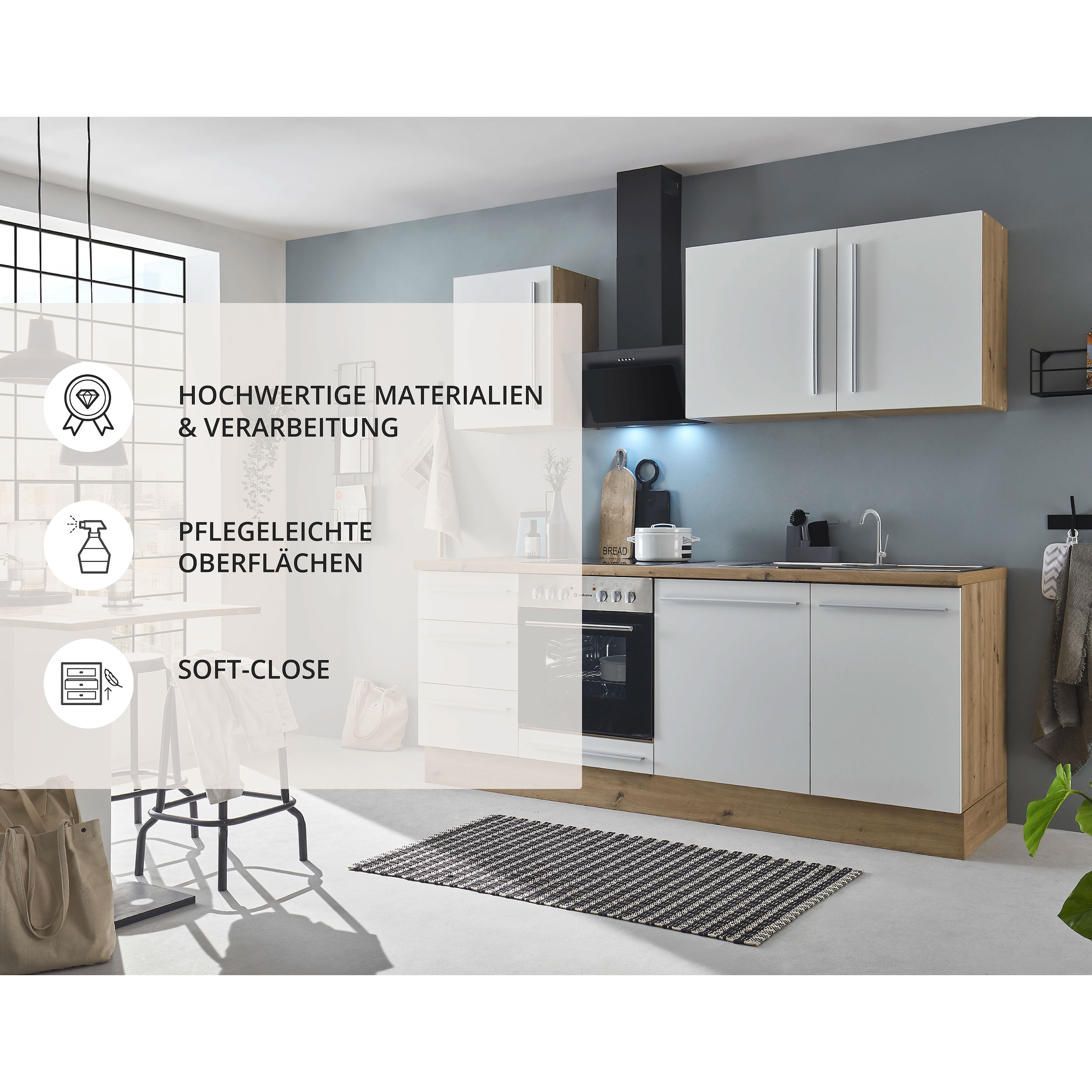 KOCHSTATION Küchenzeile »KS-Florida mit 38mm starker Arbeitsplatte«, Breite 220 cm, wahlweise mit E-Geräten, Soft-Close-Funktion