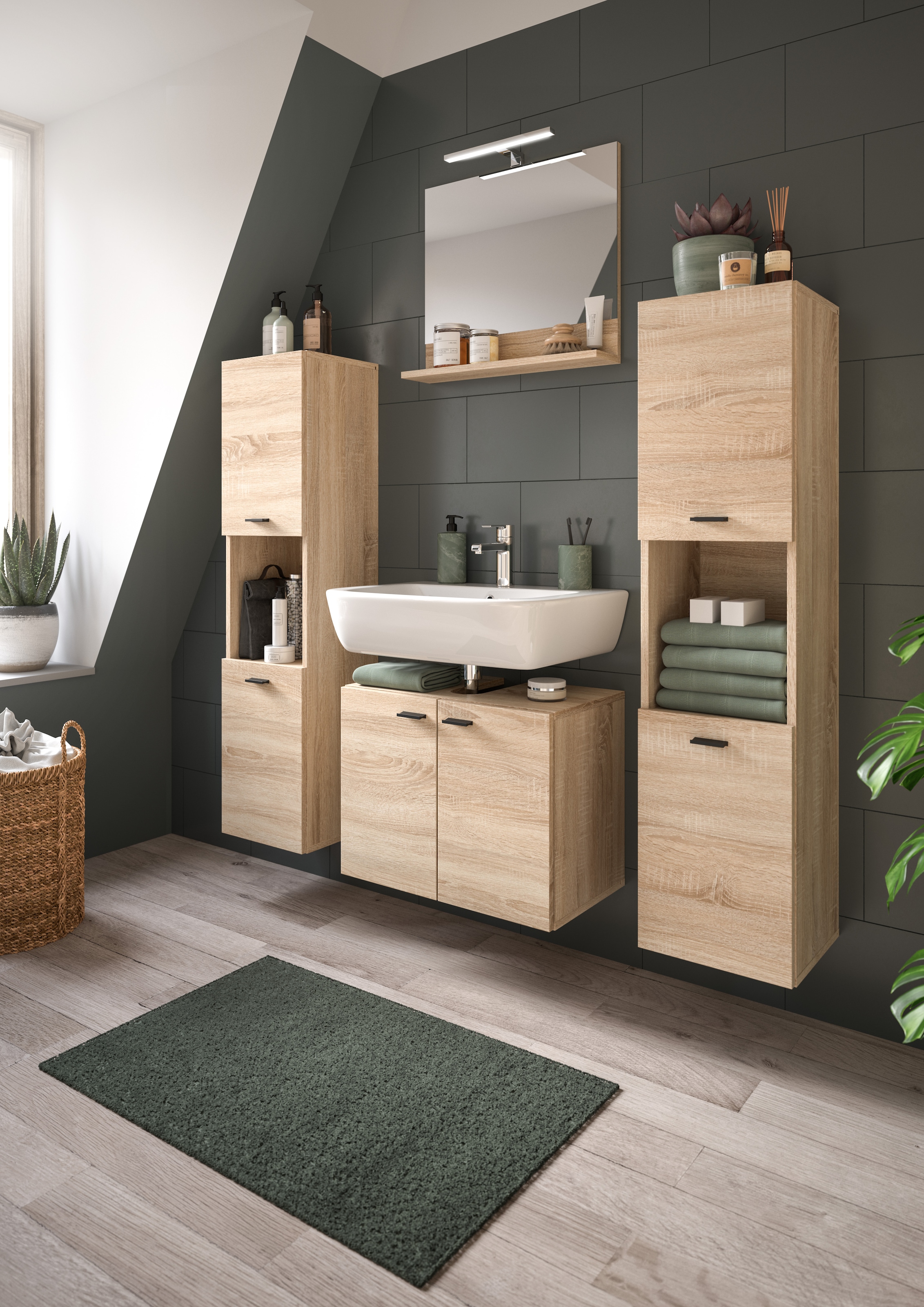 welltime Badmöbel-Set »Tampa, Breite 137cm, 4-teilig«, (4 St.), Waschbeckenunterschrank, Spiegel, Hochschrank