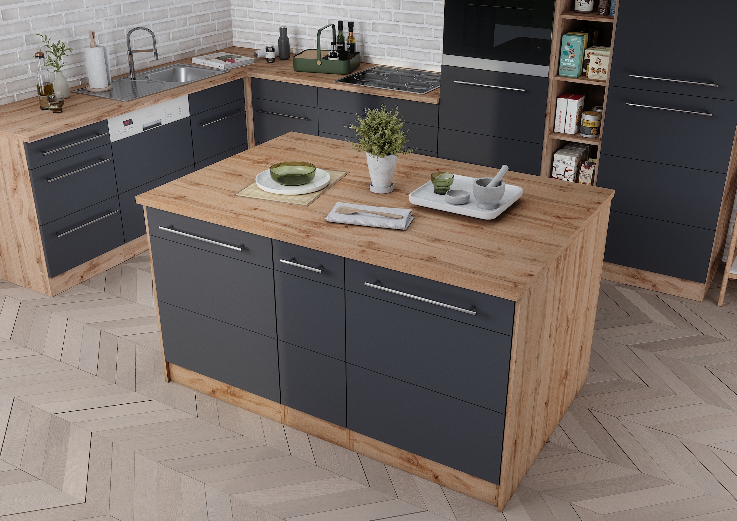KOCHSTATION Kücheninsel »KS-Wien«, Breite 153 cm, MDF-Fronten, Flaschenregal