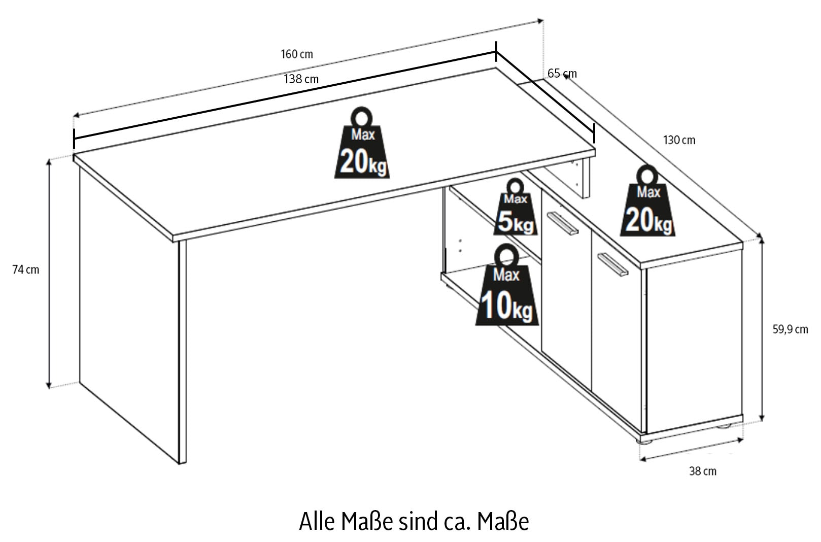 BEGA OFFICE Schreibtisch »Kanada, BxHxT 160x74x130 cm« 1 Stk. tlg. Breite 160cm, Softclose für Türen