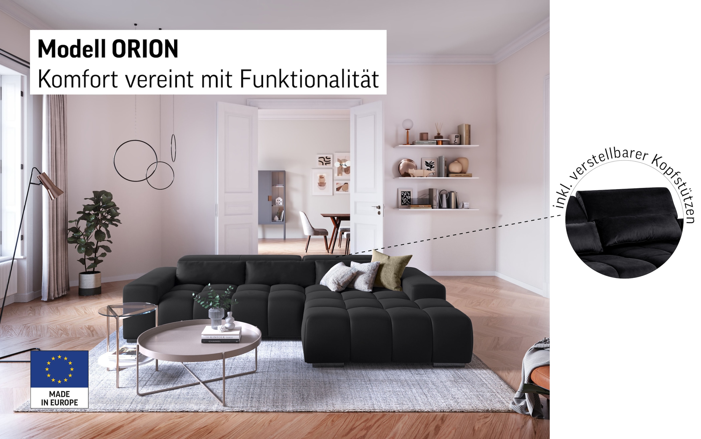 COTTA Ecksofa »Orion L-Form«, mit Kopfteilverstellung & 3 Nierenkissen