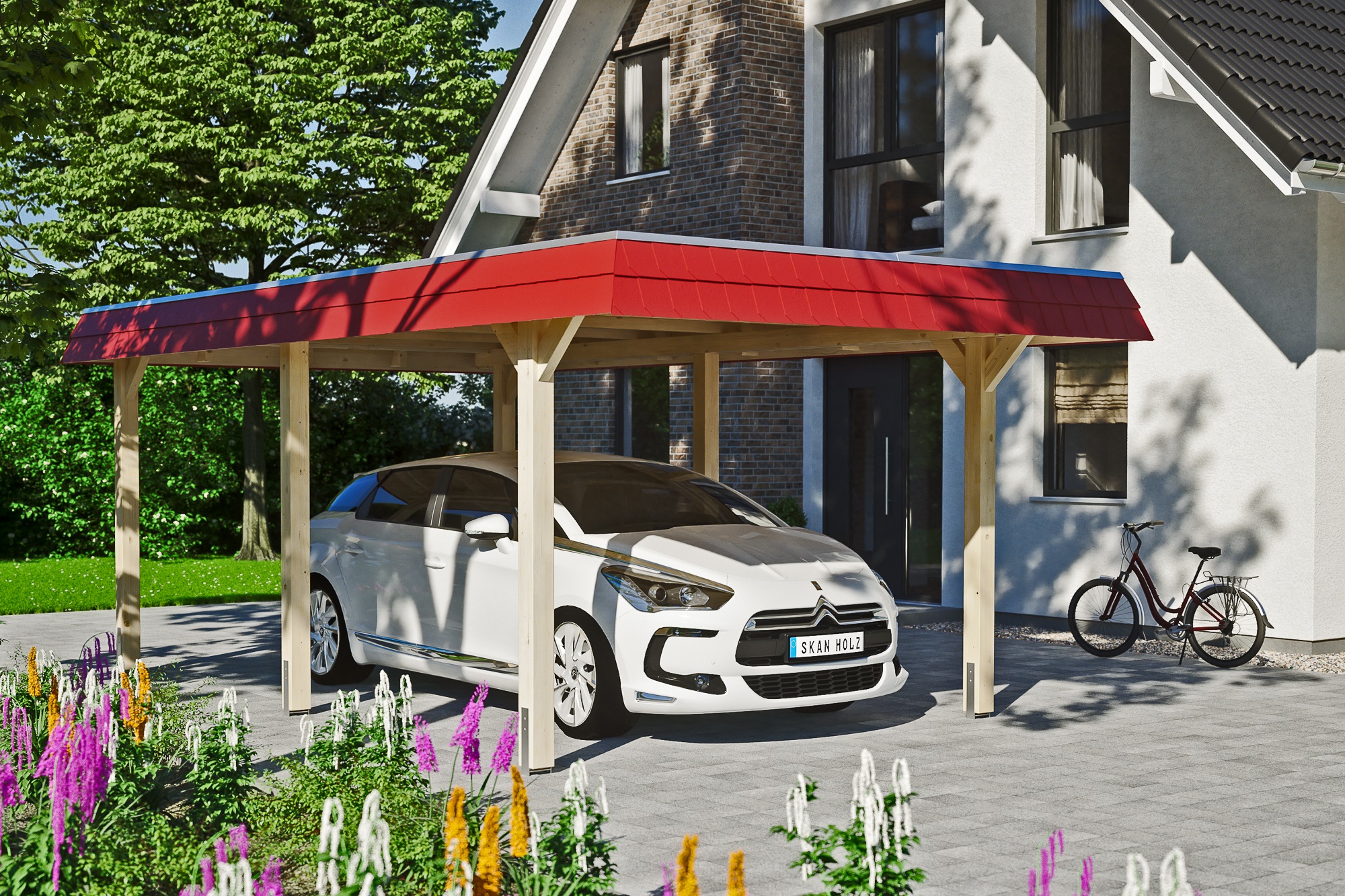 Skanholz Einzelcarport »Wendland«, 291 cm, Natur, mit Aluminiumdach, rote Blende
