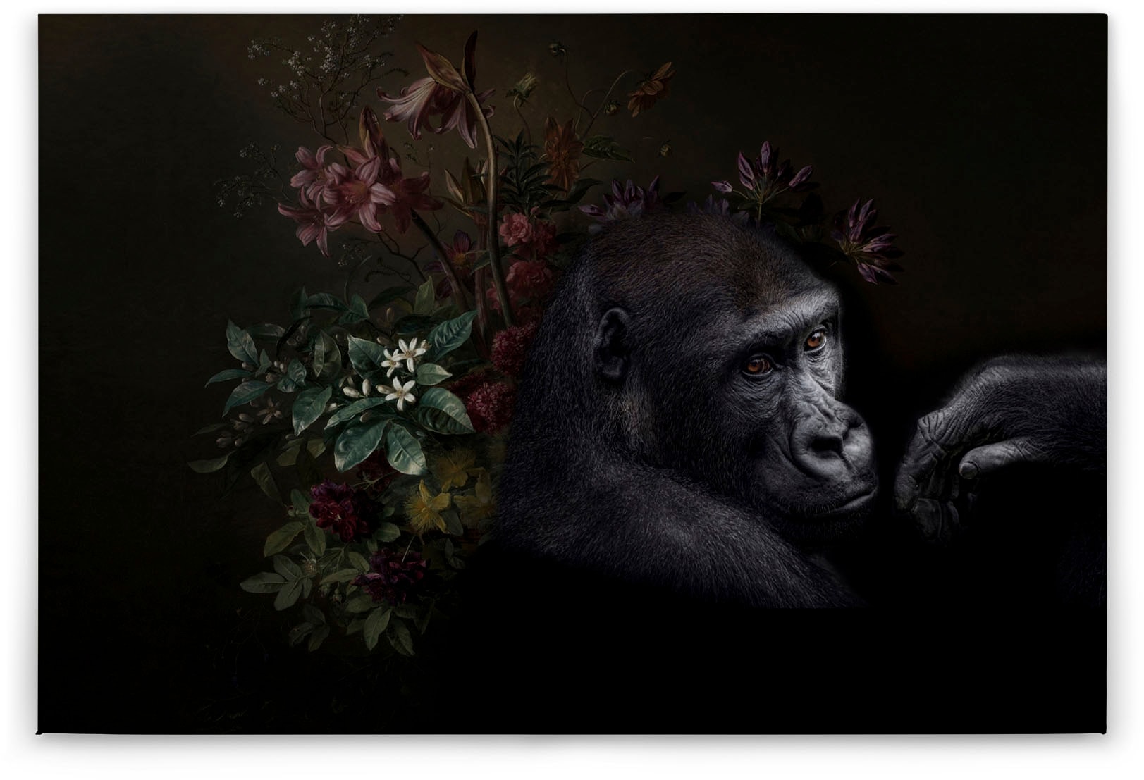 Bricoflor Leinwand Bild Mit Gorilla Und Blumen Stillleben Wandbild In Schwa günstig online kaufen
