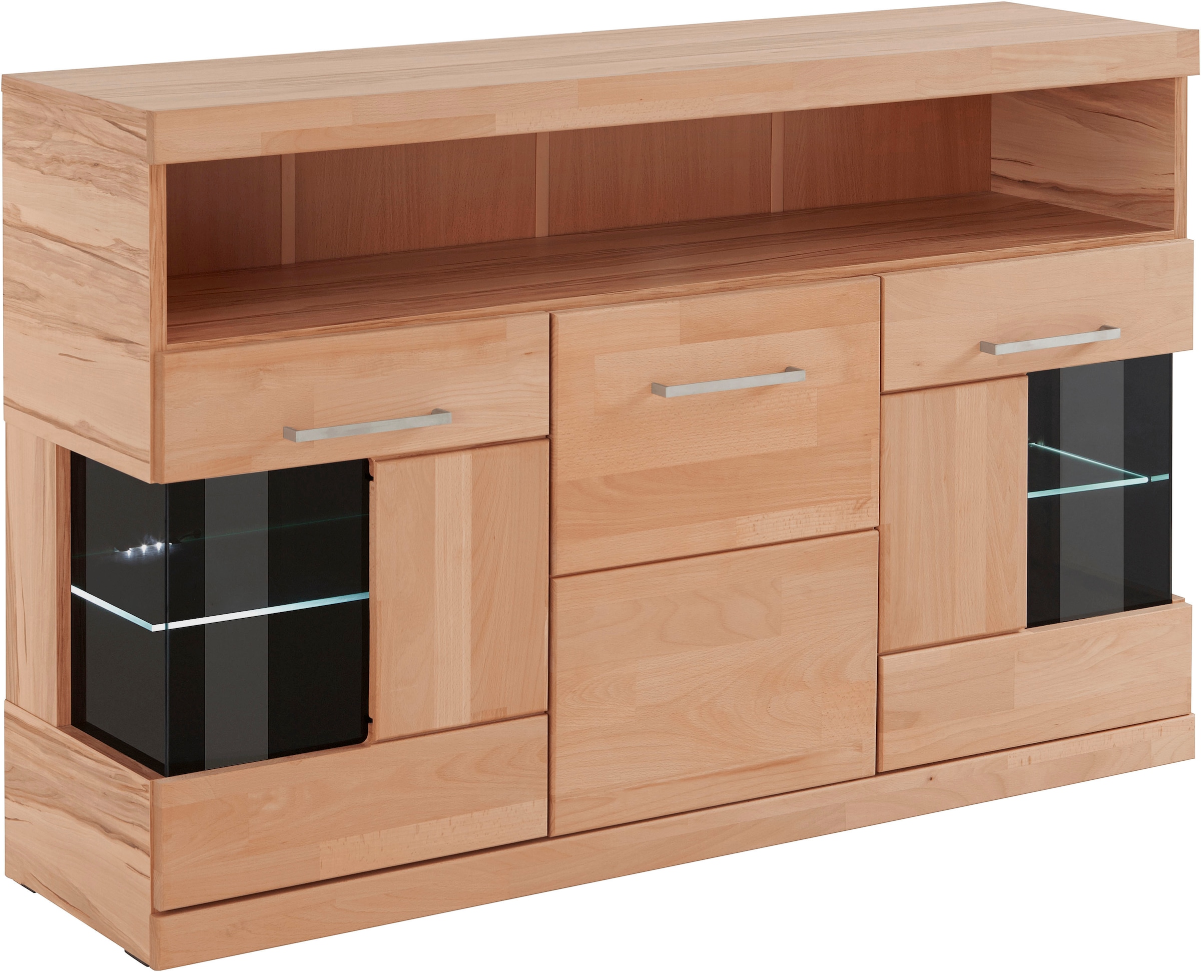 Home affaire Sideboard »Ribe,130cm breit,Fronten Massivholz,2Türen mit gehärtetem Glaseinsatz«, Korpus aus Holzwerkstoff, Metall Griffe,7 Fächer, Böden versetzbar