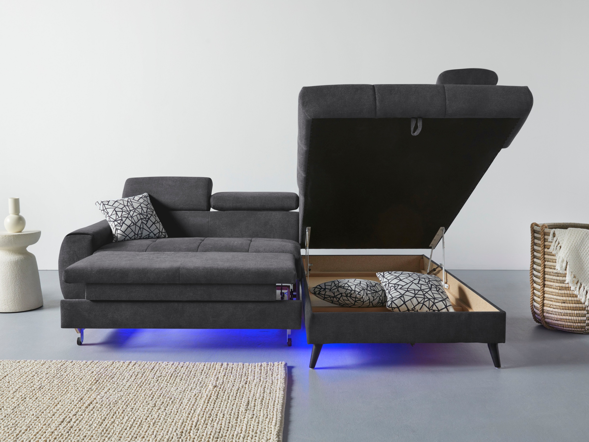 COTTA Ecksofa »Mia L-Form mit 3 Zierkissen«, wahlweise mit Bettfunktion, Bettkasten, Beleuchtung & Wireless-Charger