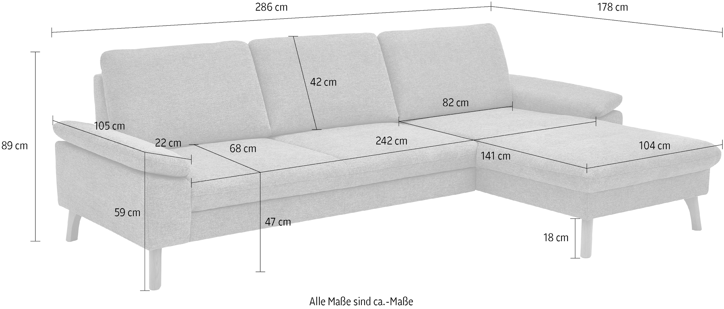 Die PlanBar Ecksofa »PP-PF24075 L-Form, Breite 286 cm« optional mit Kopfstützen, Bettfunktion, mot.Ottomane, Sitztiefenverst.