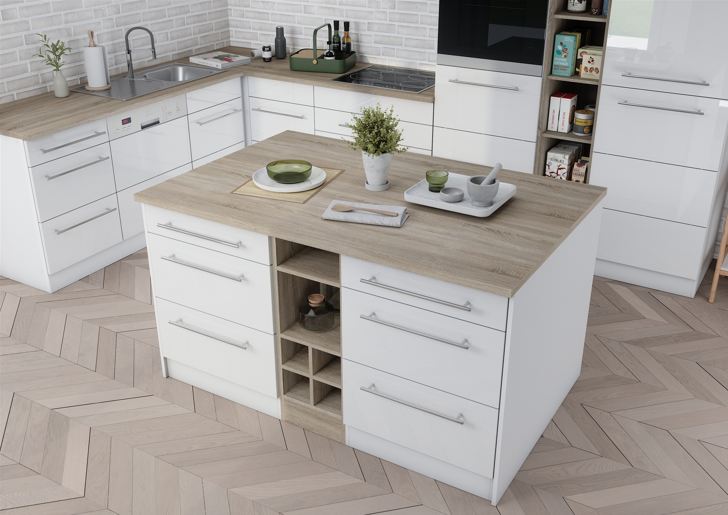 KOCHSTATION Kücheninsel »KS-Wien«, Breite 153 cm, MDF-Fronten, Flaschenregal