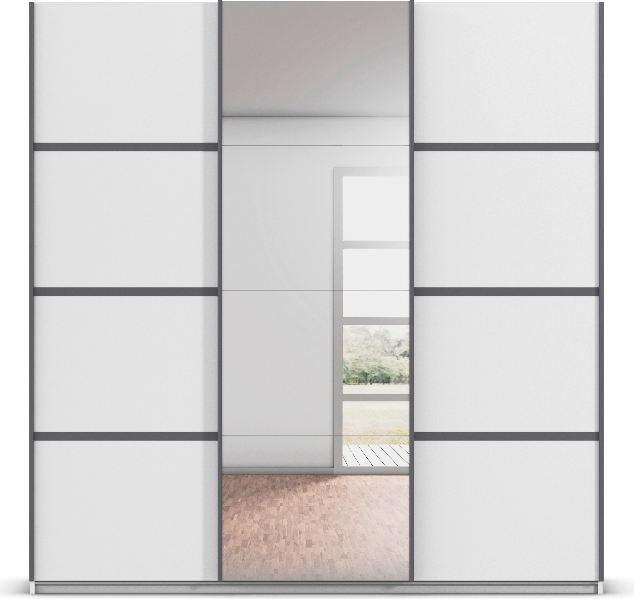 rauch Kleiderschrank »Schwebetürenschrank OTTO´s Choice Garderobe Schrank TOP ANGEBOT Avola«, (in 3 verschiedenen Ausstattungen BASIC/CLASSIC/PREMIUM inkl. Spiegel), mit eleganten Zierleisten in Chrom, Schwarz oder Weiß MADE IN GERMANY
