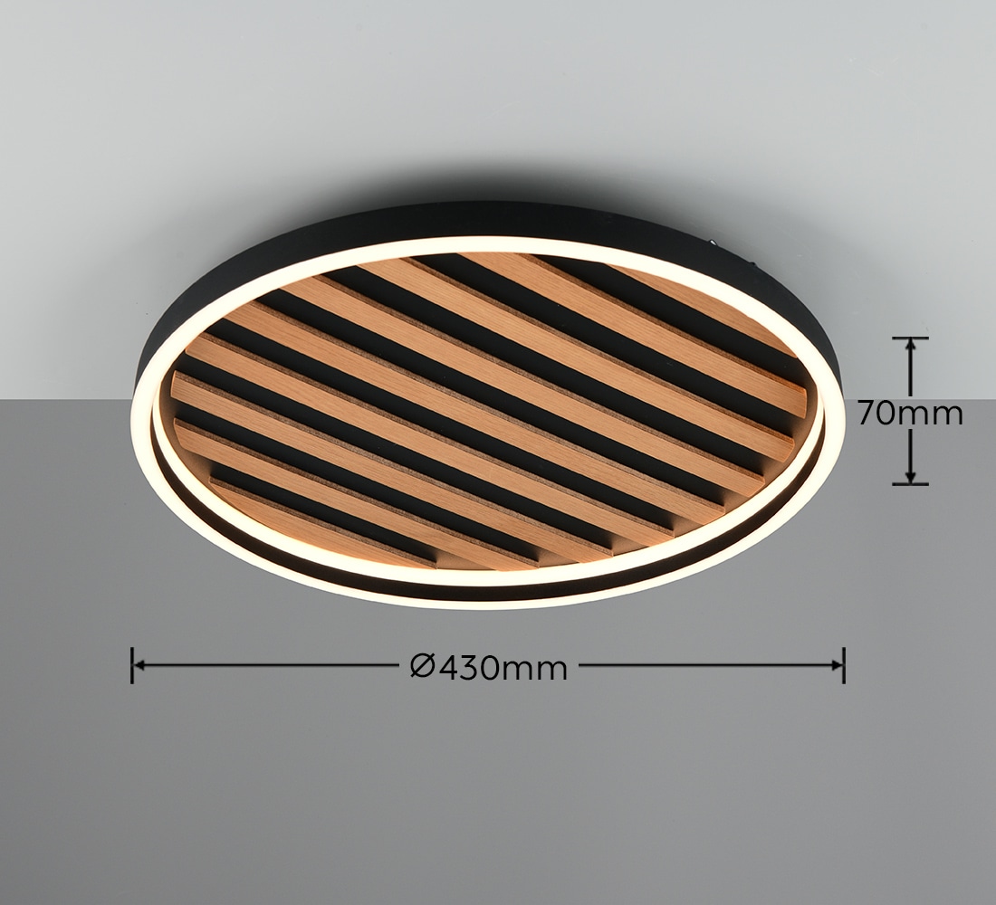 Leonique LED Deckenleuchte »Brialeen, Deckenlampe mit Fernbedienung dimmbar Nachtlicht Memory«, 1 flammig, Leuchtmittel LED-Board | LED fest integriert, Lichtfarbe stufenlos warm- bis kaltweiß, Holzstreifen Akustikpaneel