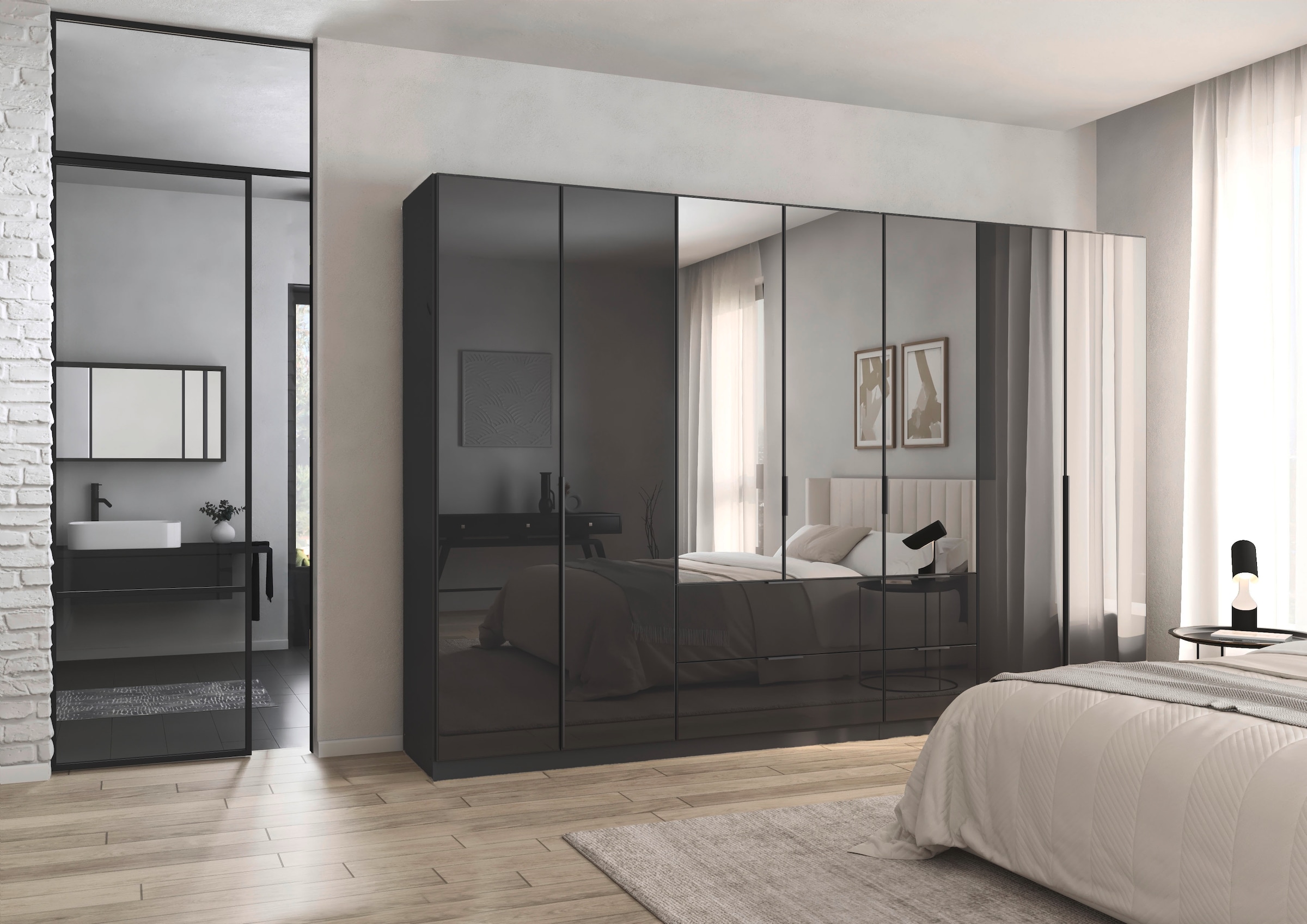 rauch Drehtürenschrank »Kleiderschrank Kleiderschränke Schrank Garderobe AGORDO mit Glasfront«, (in zwei Griff-Farben mit Glasfront), mit Außenschubkästen, in 6 Breiten und 2 Höhen MADE IN GERMANY