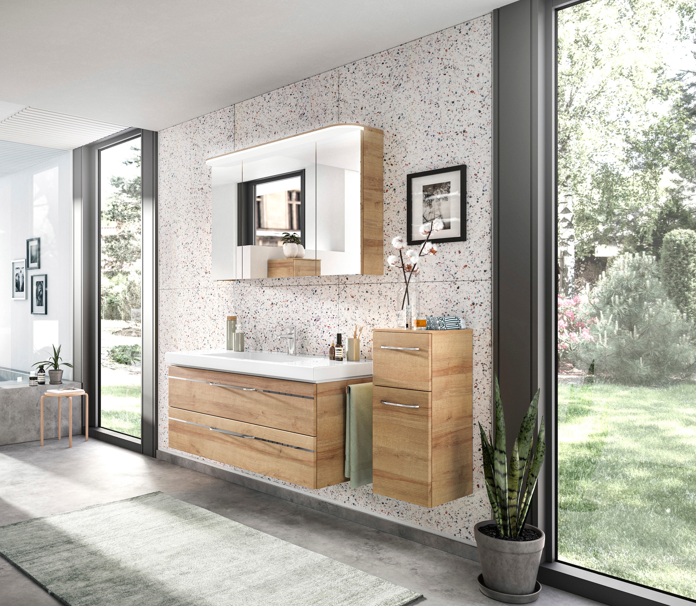 Saphir Badmöbel-Set »Balto Sprint 3-teilig, Mineralmarmor-Waschtisch mit LED-Spiegelschrank«, (4 St.), Badezimmer Set mit Unterschrank inkl Türdämpfer, 3 Türen, 2 Schubladen