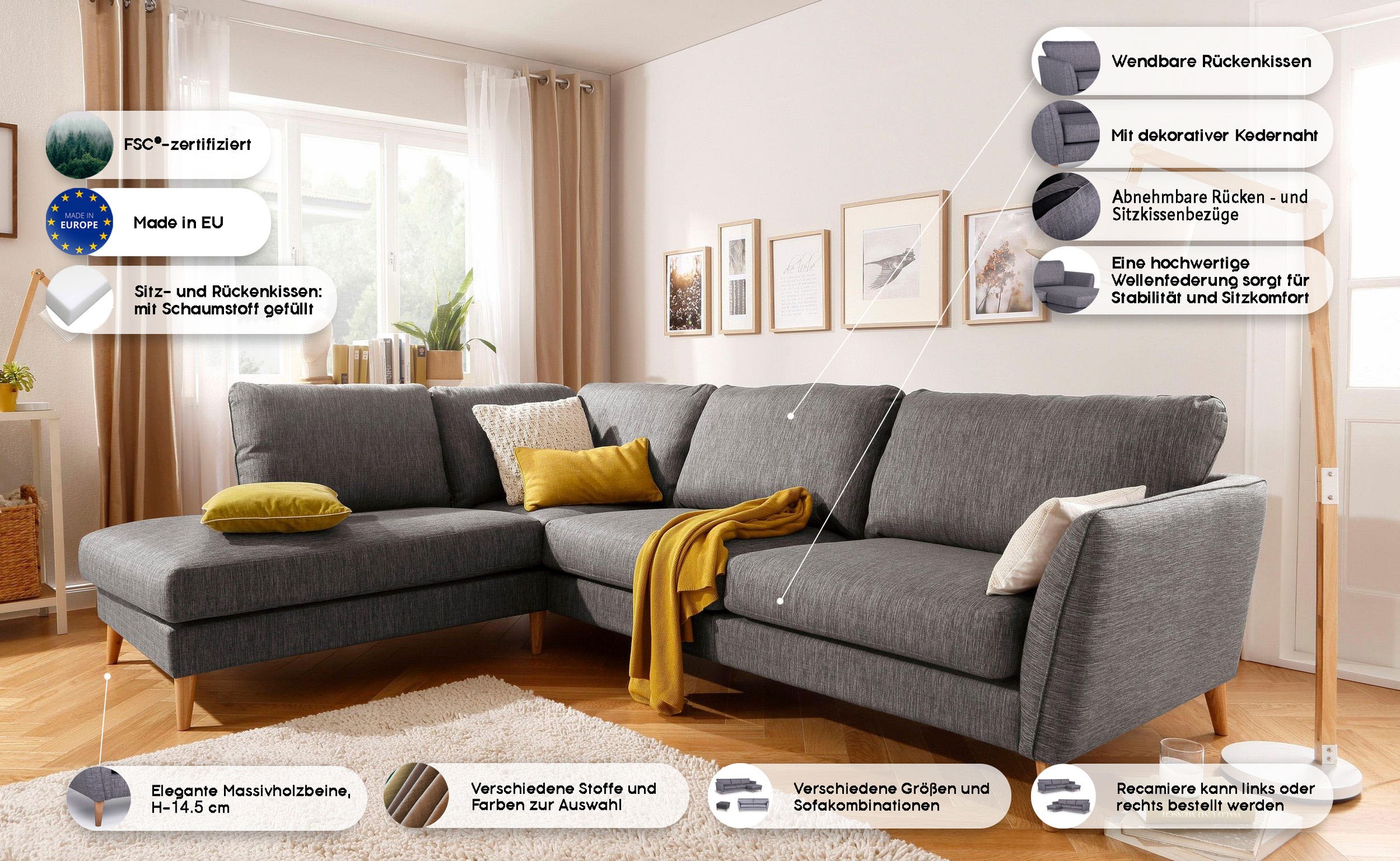 Home affaire Ecksofa »MARSEILLE 278/202 cm, L-Form, Ottom. rechts/links«, Massivholzbeine Eiche, Landhausstil, Wellenunterfederung