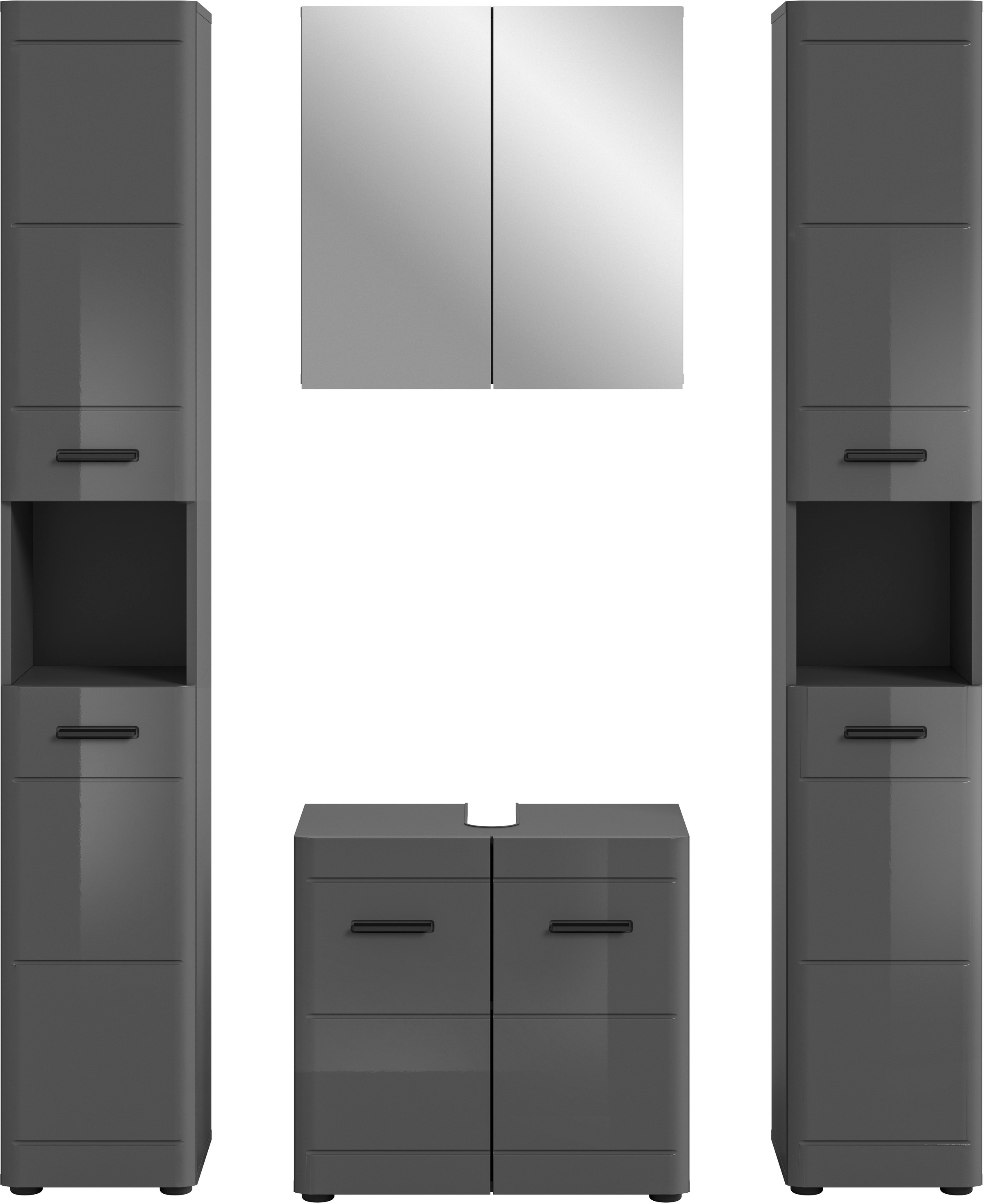 welltime Badmöbel-Set »Doux, bestehend aus: 2x Hochschrank, Waschbeckenunterschrank,«, (4 St.), Spiegelschrank, hochwertige hochglanz MDF Front mit Rillenfräsung