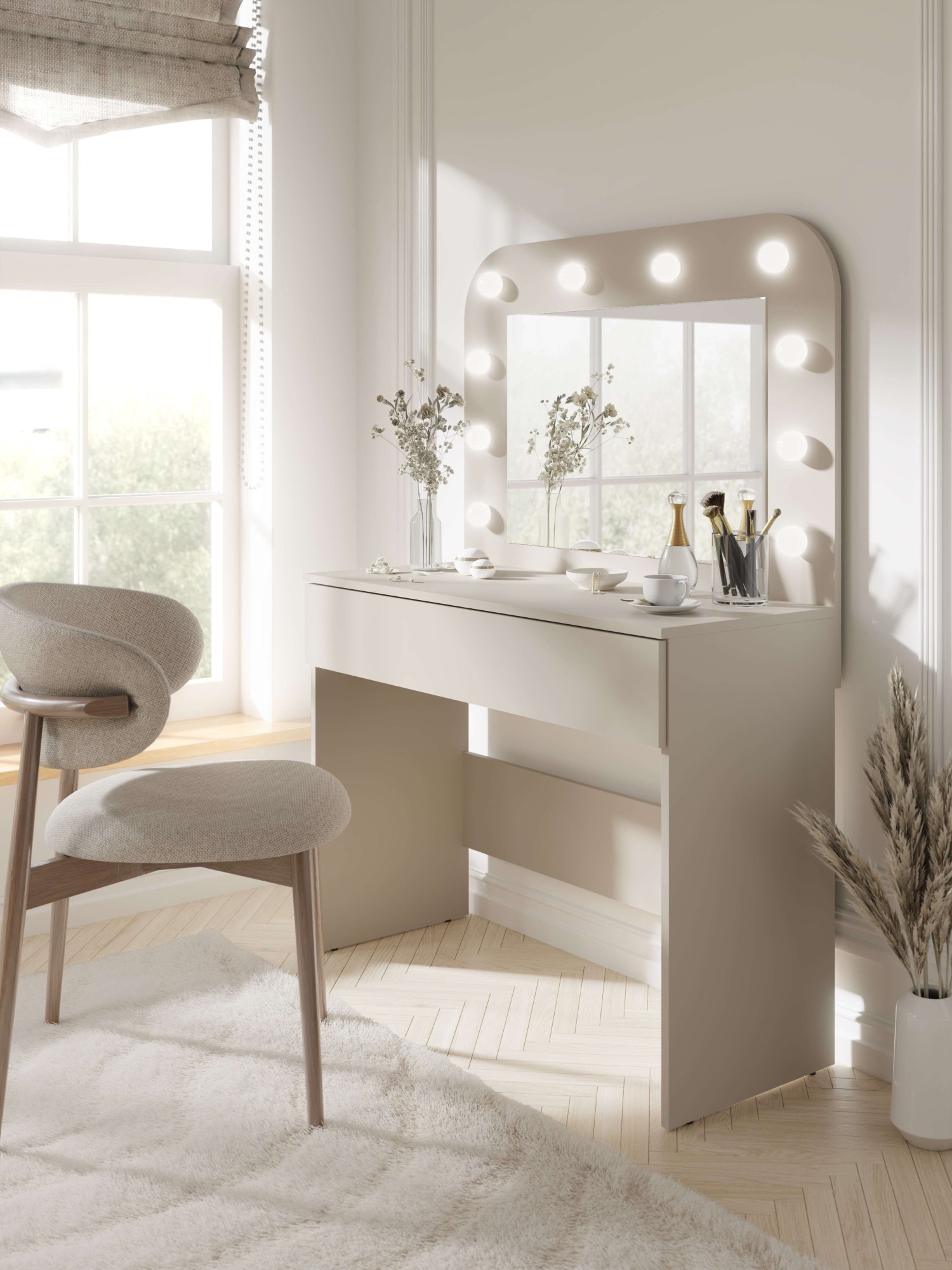 Home affaire Schminktisch »NANCY Frisiertisch mit Spiegel, Beleuchtung und Schublade, beige« Kosmetiktisch mit viel Stauraum, LED, Soft-Close, B/T/H 100/42,5/142cm