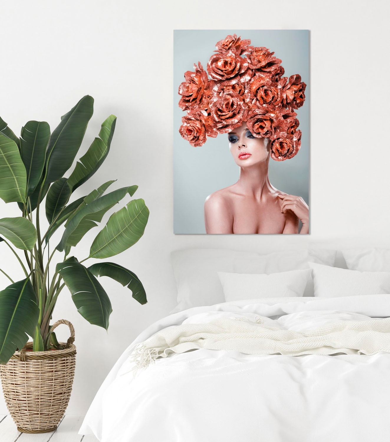 queence Acrylglasbild »Frau mit Blumenhut«, Frau-Kunst-Blumen-Bilder von Frauen-Fashion, Fine Art-Print in Galeriequalität