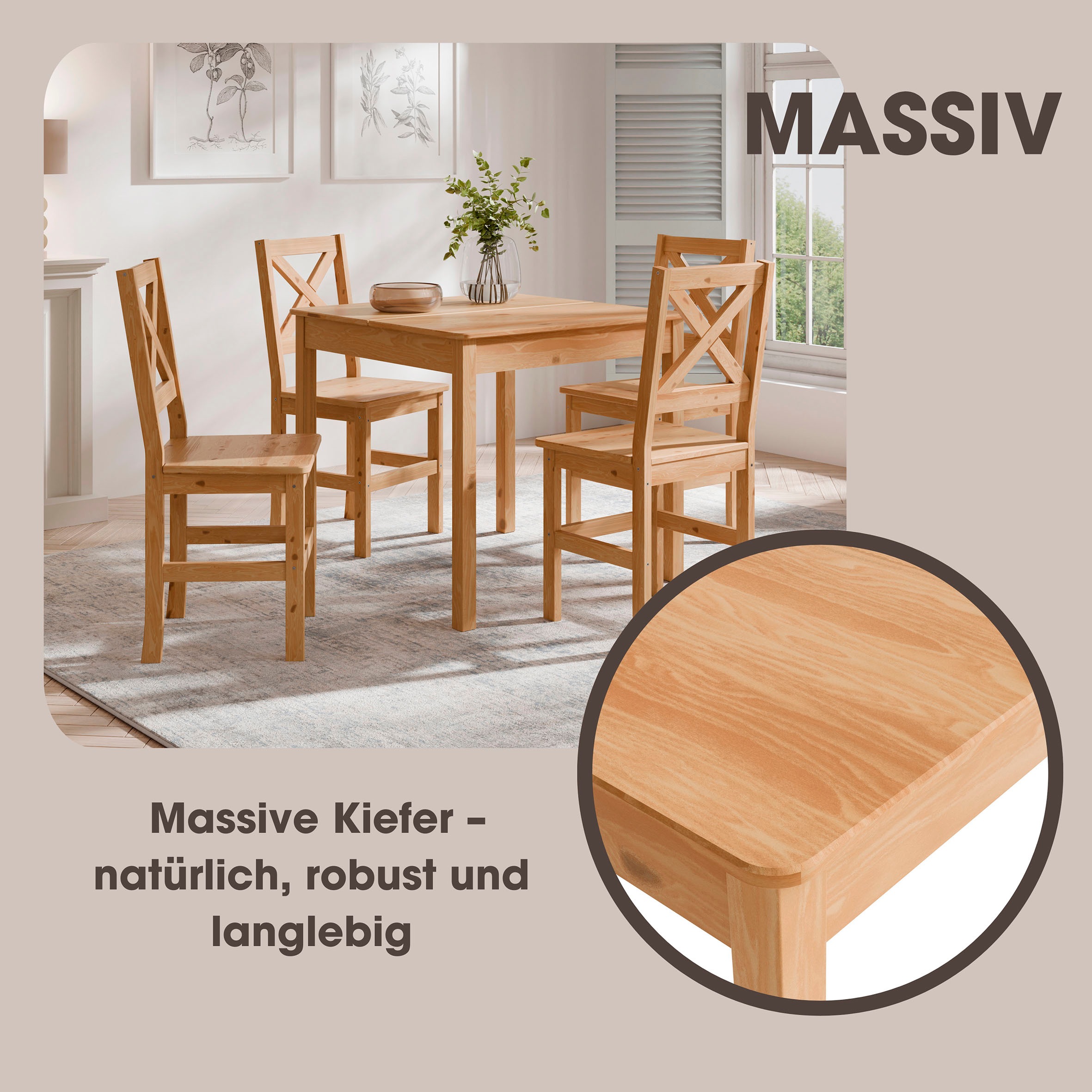 Home affaire Esstisch »Malmö«, Holztisch aus Kiefer Massivholz naturfarbig, günstig online kaufen