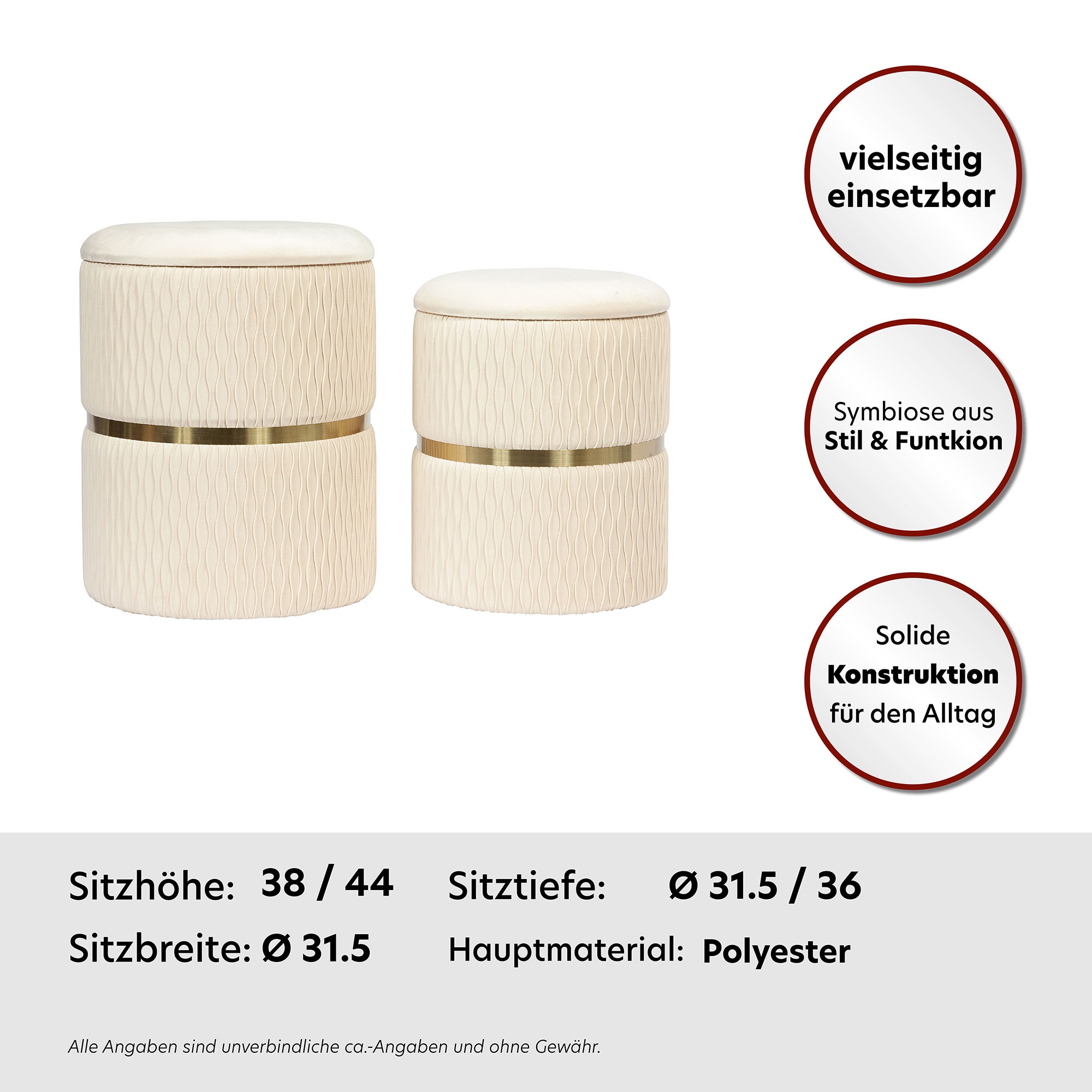 Kayoom Polsterhocker »Hocker Zora 425 2er-Set, Praktischer und versteckter Stauraum«, (Set, 2 St.), 2er-Set mit Stauraum, ineinander stapelbar, goldener Ring