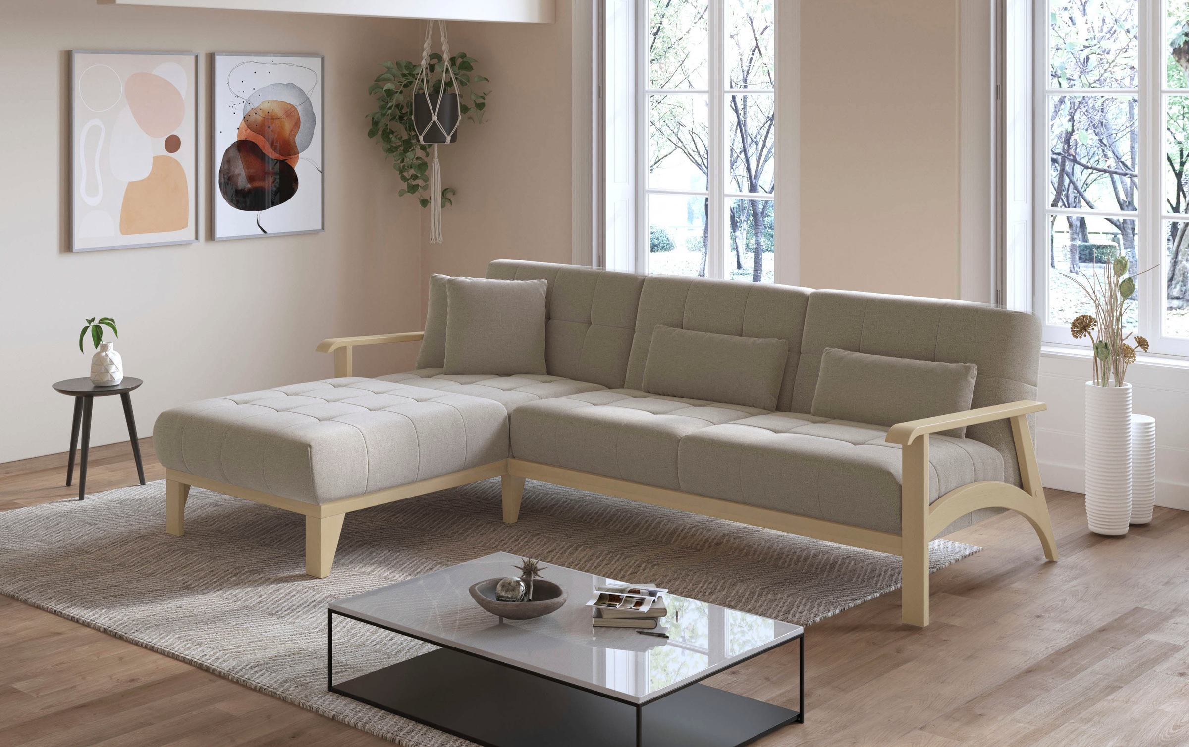 sit&more Ecksofa »Billund L-Form«, Armlehnen aus Buchenholz in natur, verschiedene Bezüge und Farben