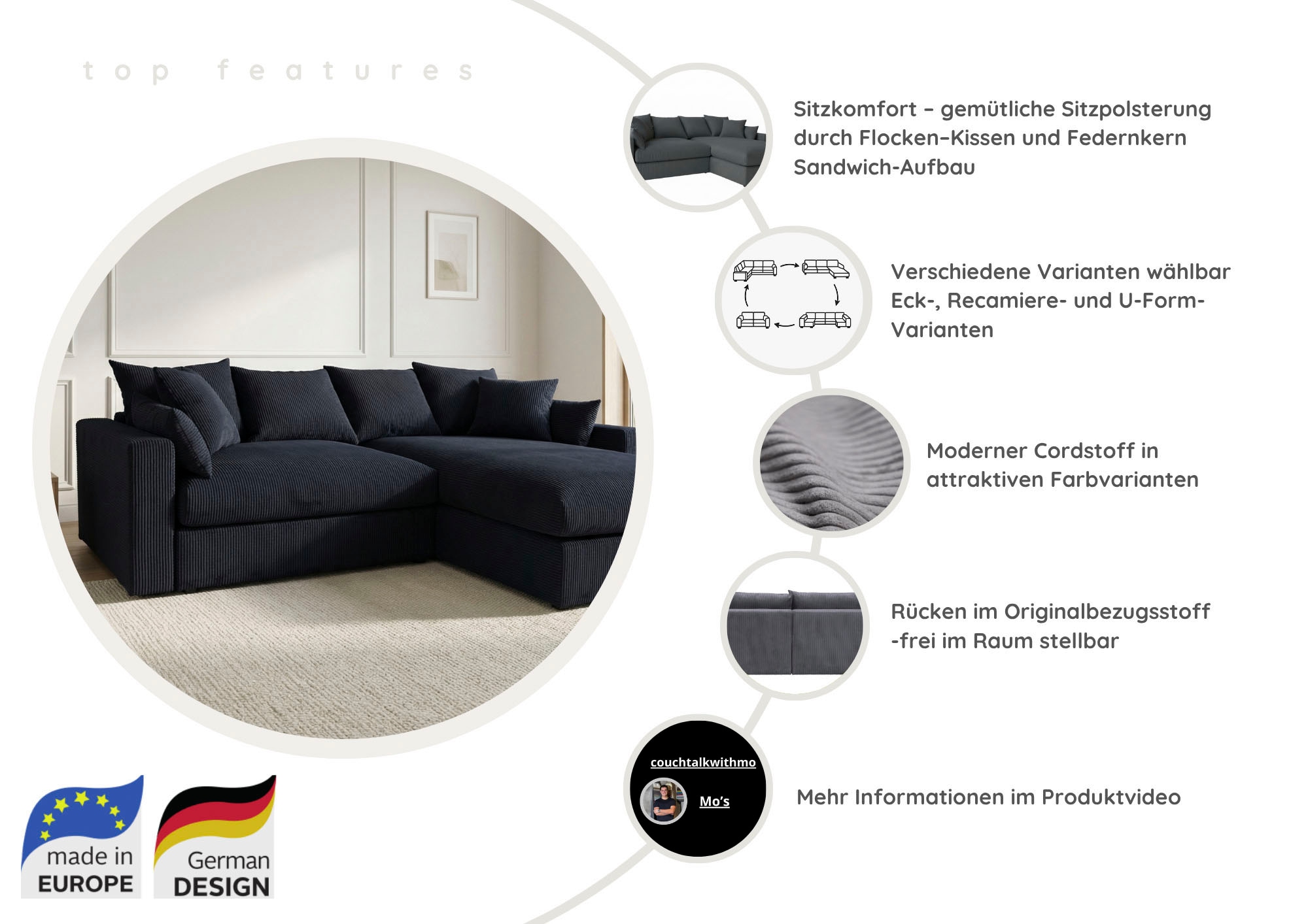 OTTO home Ecksofa »Cosy Lounge L-Form, Breite 268 cm« Mega-Sofa mit Cordstoff bezogen, mit Federkern & 5 Zierkissen