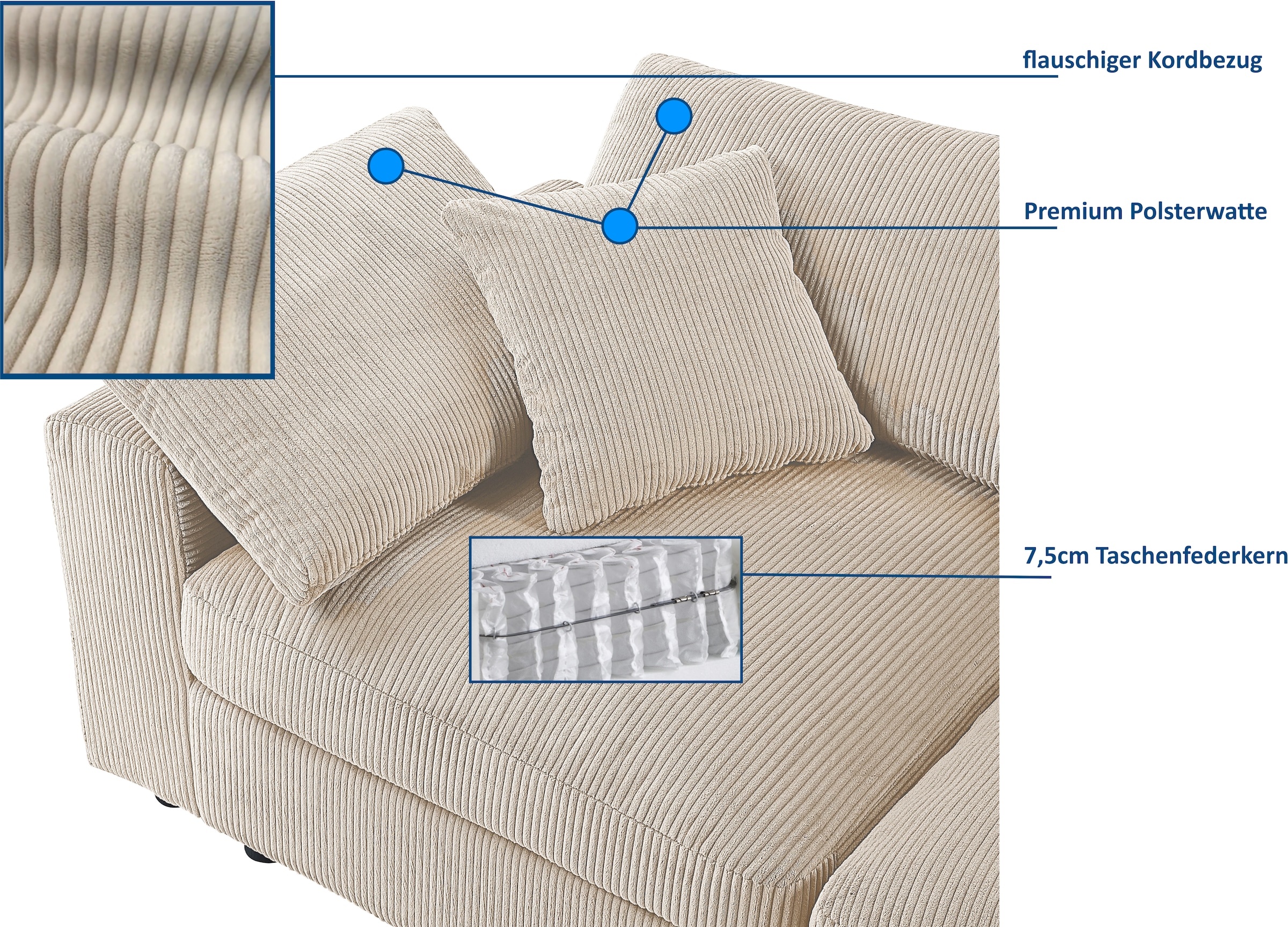 RAUM.ID 4-Sitzer »Bennid, XXL-Modulsofa mit vielen individuellen Stellmöglichkeiten« inklusive 2 großen & 2 kleinen Zierkissen im flauschigen Cord