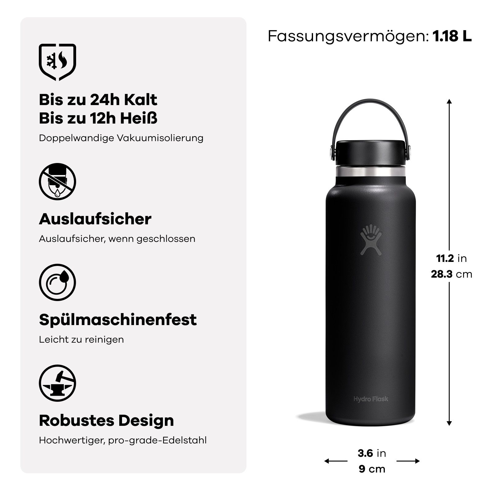 Hydro Flask Trinkflasche »40 OZ Wide Flex Cap, 1.182 ml« TempShield®️ doppelwandige Vakuumisolierung