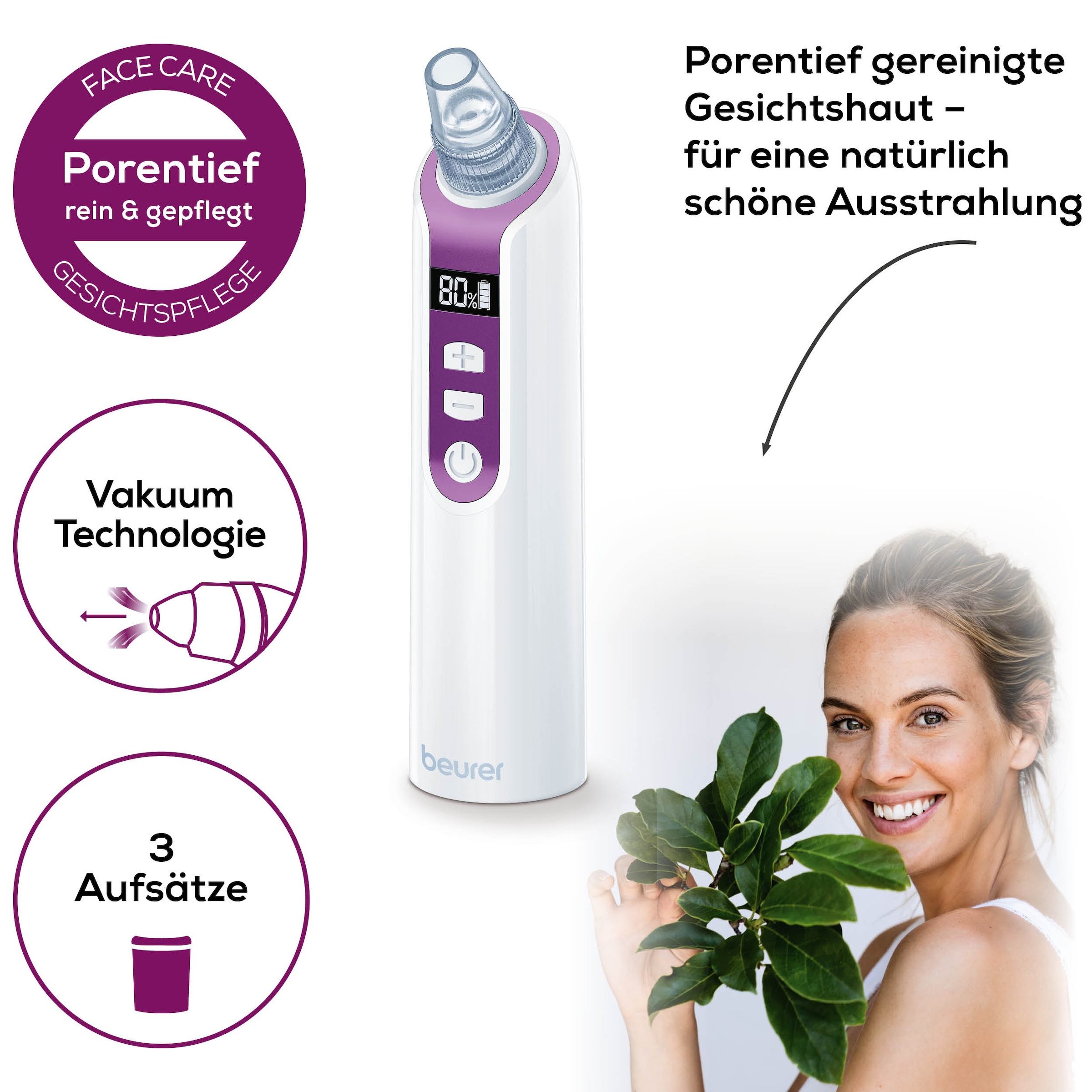 BEURER Porenreiniger »FC 41 Mitesserentferner durch Vakuumtechnologie«, 5 Intensitätsstufen und 3 Aufsätze für eine individuelle Anwendung