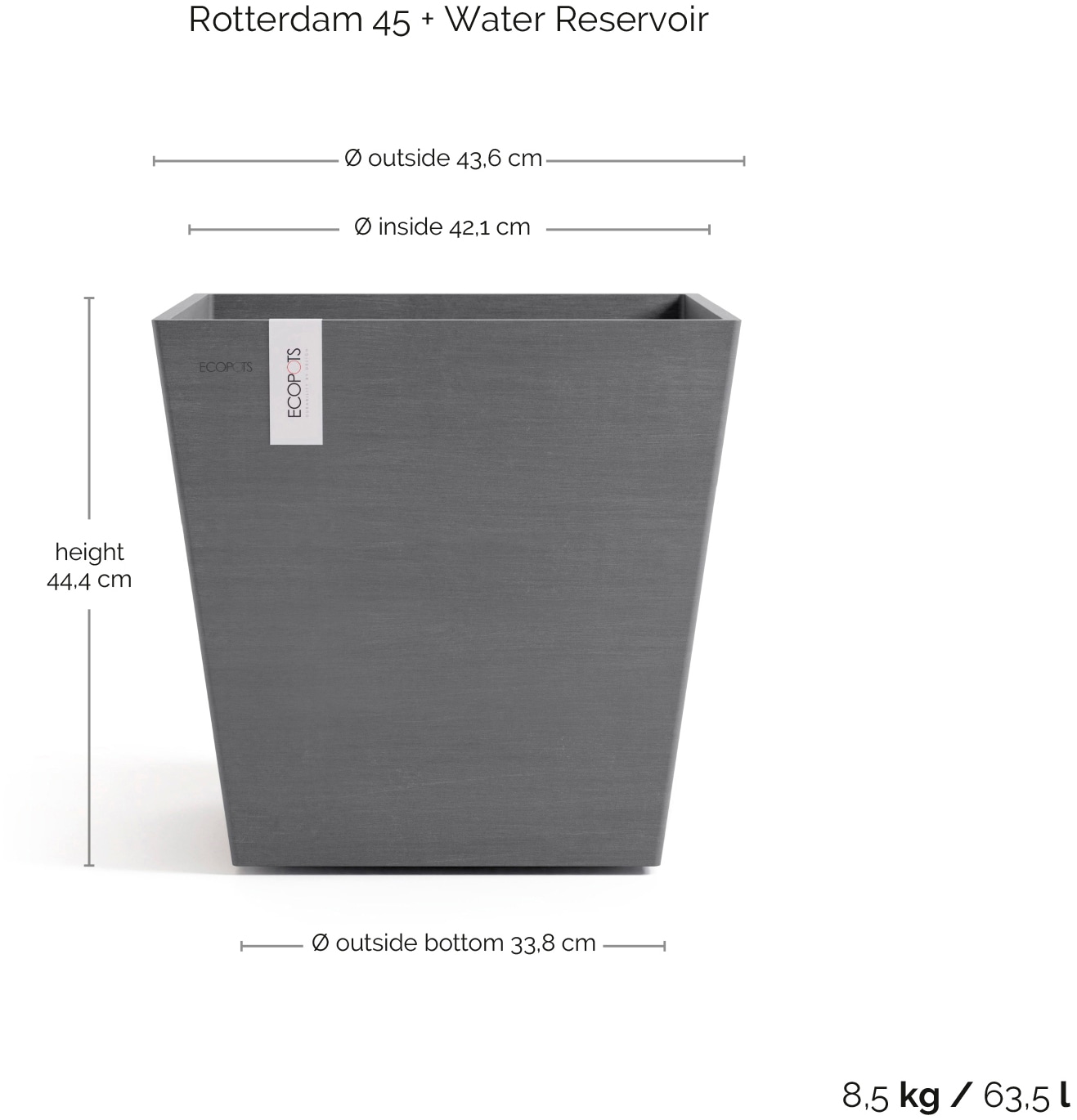 ECOPOTS Blumentopf »Rotterdam 45 + Wassersystem Grau« für innen und außen: frostsicher, bruchsicher und lichtbeständig