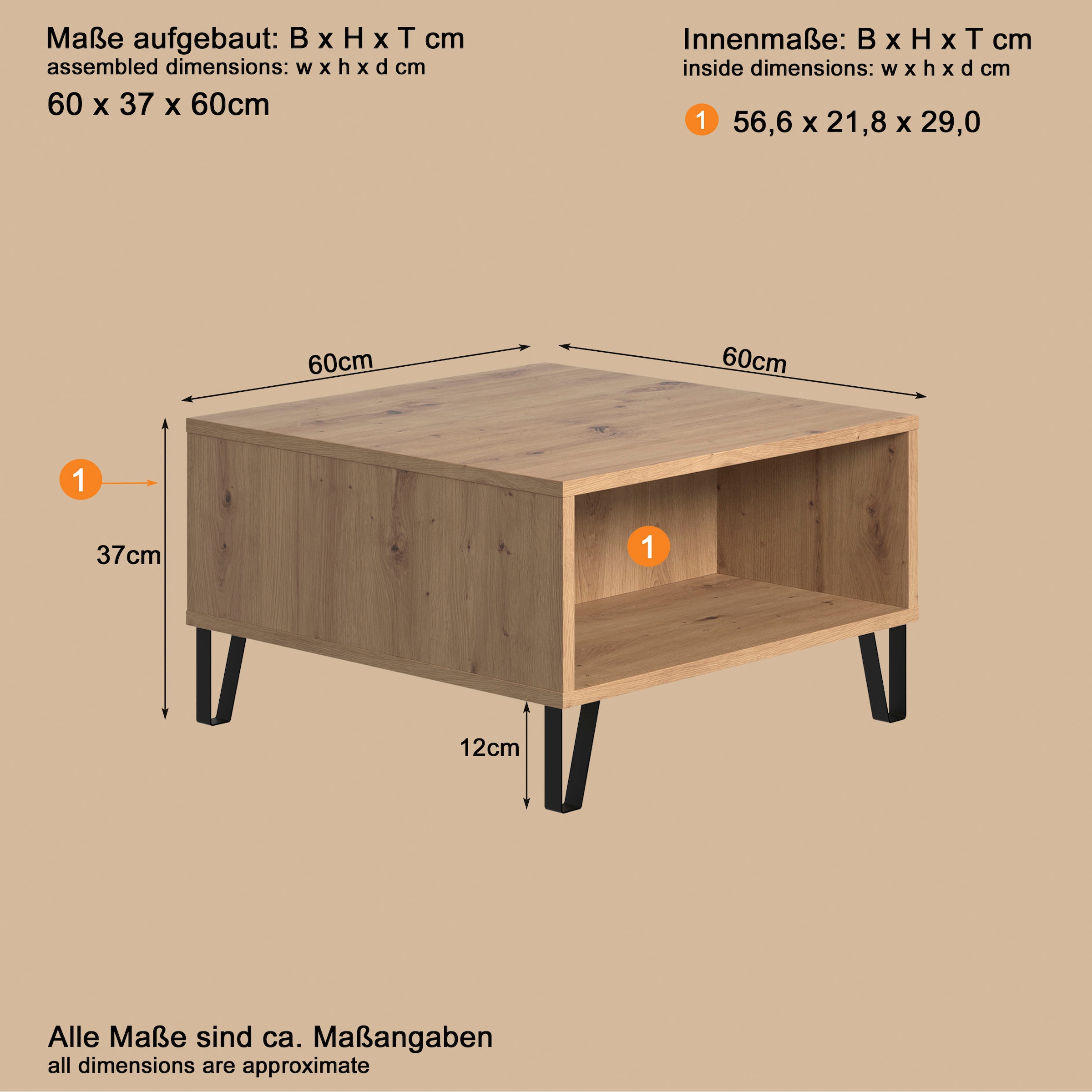 Home affaire Couchtisch »Tarragona« Couchtisch mit 2 offenen Fächern - (B/T/H) 60/60/37 cm