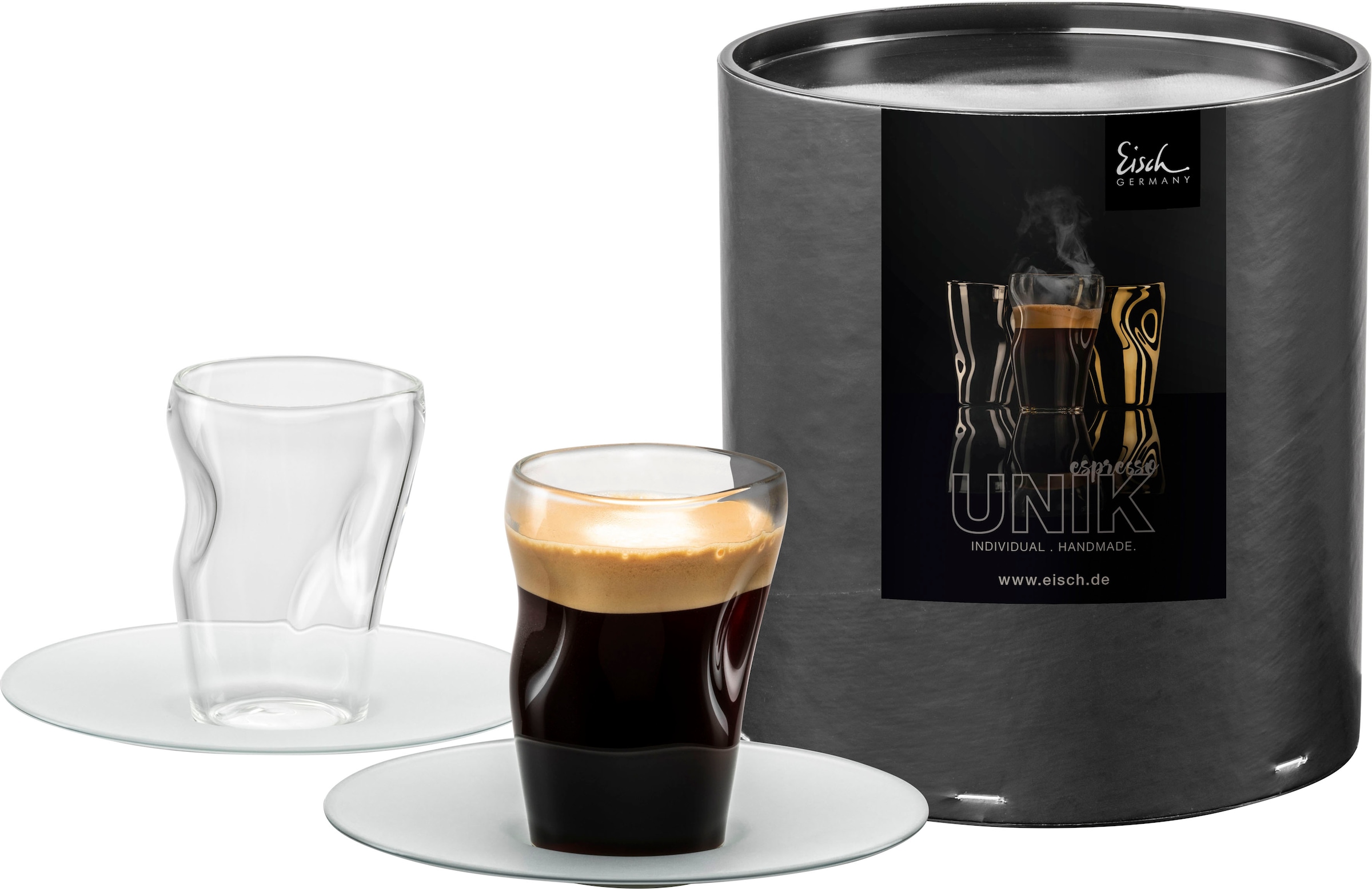 Eisch Espressoglas »UNIK«, (Set, 4 tlg., 2 Espressogläser mit Untertassen in Geschenkröhre), Espressoglas mit Untertasse, 2-teilig, 100 ml