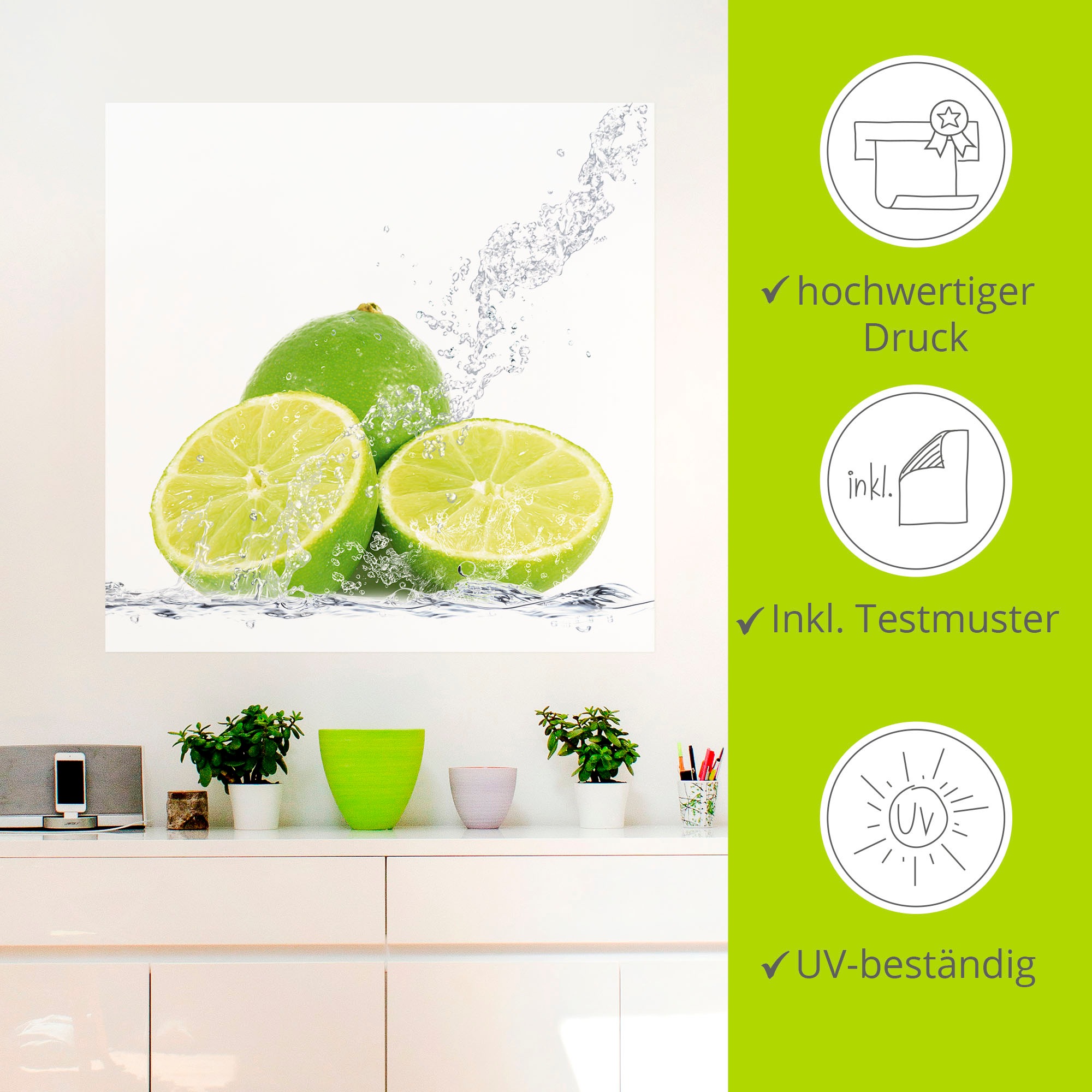 Artland Wandbild »Limette mit Spritzwasser«, Lebensmittel, (1 St.), als Leinwandbild, Poster, Wandaufkleber in verschied. Größen