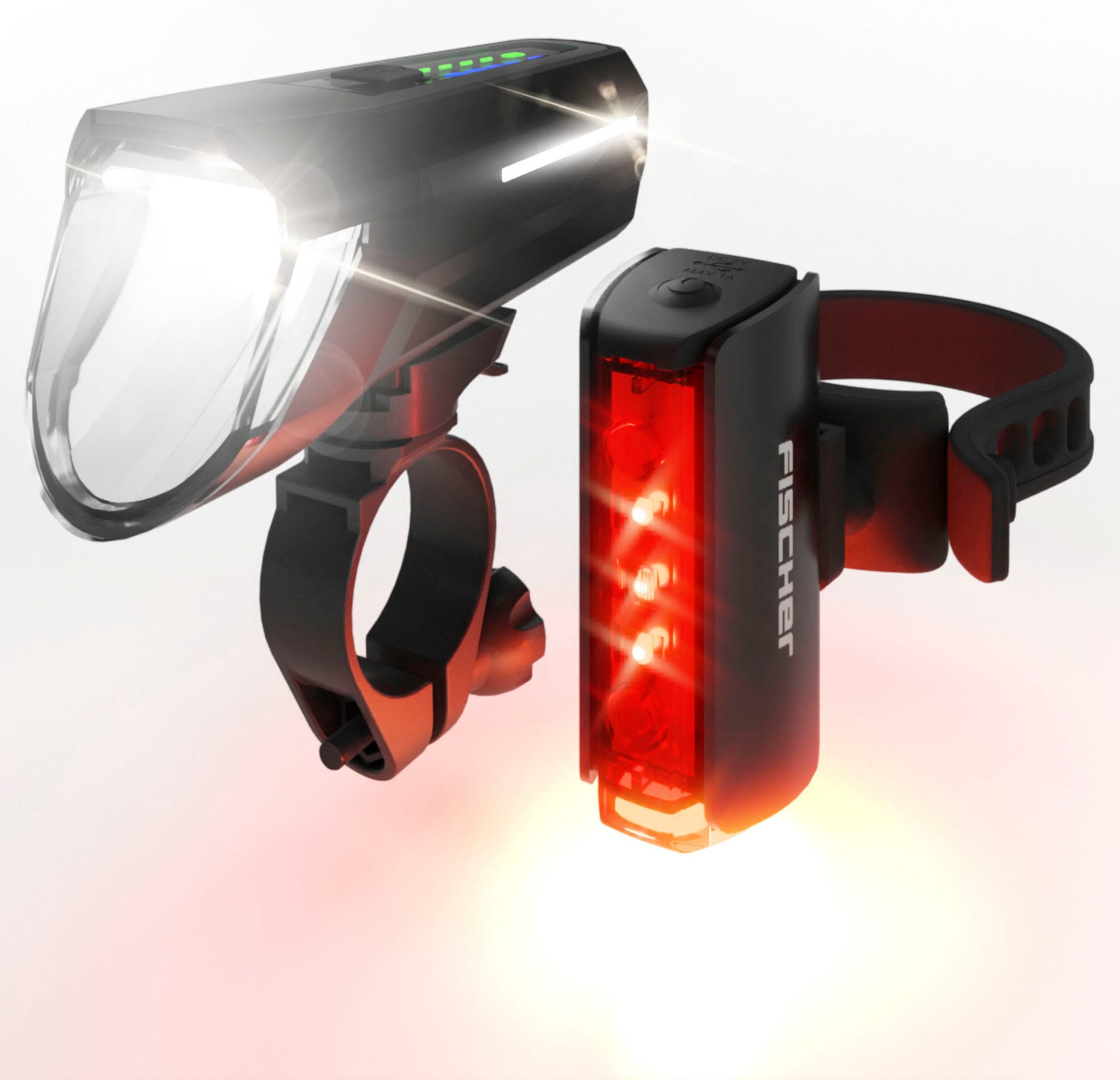 Fischer Fahrrad Fahrradbeleuchtung "LED-Akku-Bel. Set PLUS 110 + TWIN STOP", schwarz