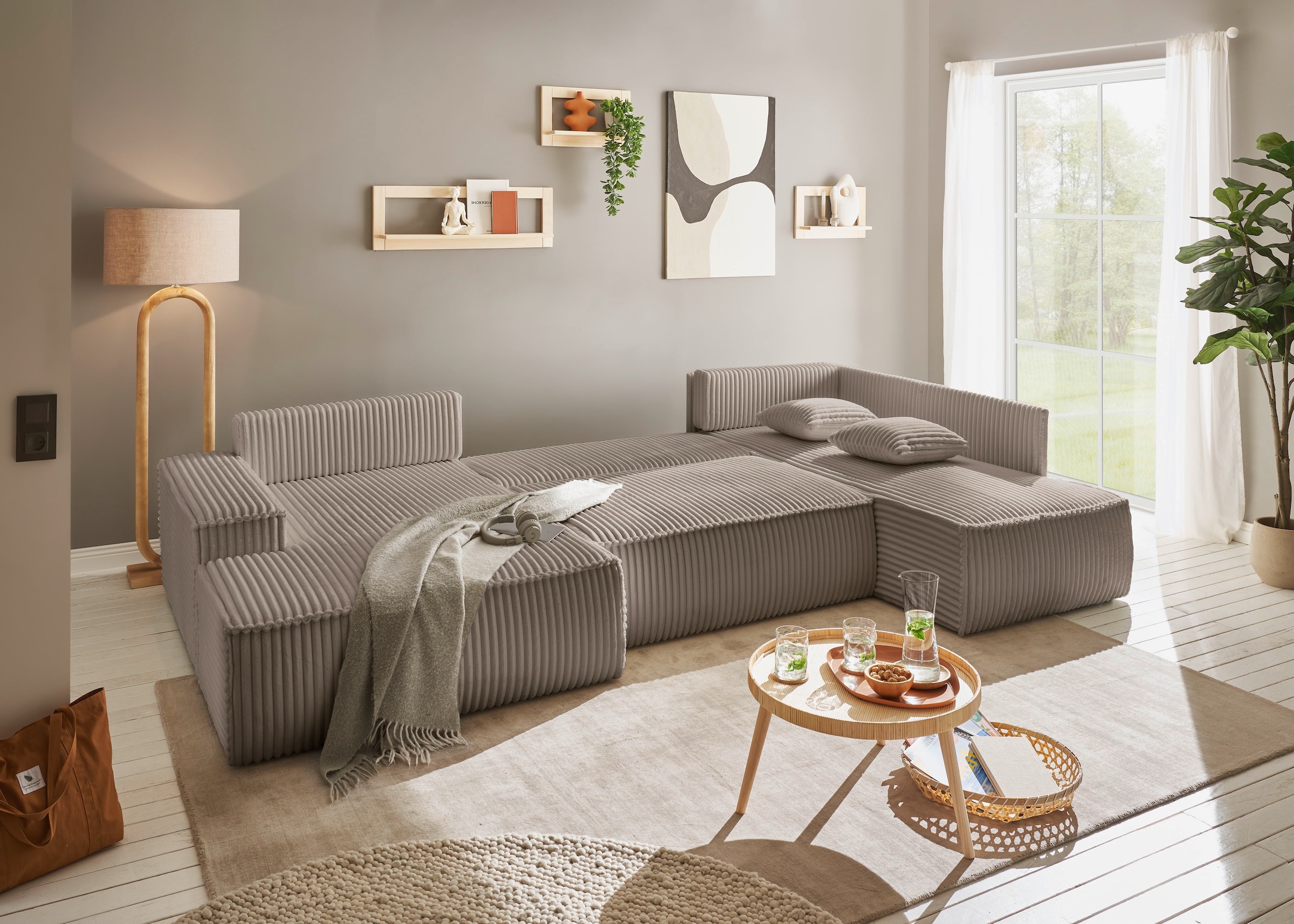 andas Wohnlandschaft »FINNLEY U-Form XXL 329 cm, Schlafsofa, Schlaffunktion m. Bettkasten«, (194/139 cm), Bouclé, Struktur und Cord