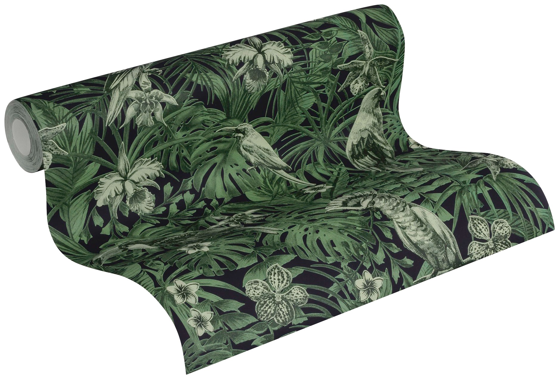 A.S. Création Vliestapete »Greenery mit Palmenprint in Dschungel Optik«, floral-botanisch-Wald, Vogeltapete Tapete Dschungel Tapeten Wohnzimmer Schlafzimmer Küche