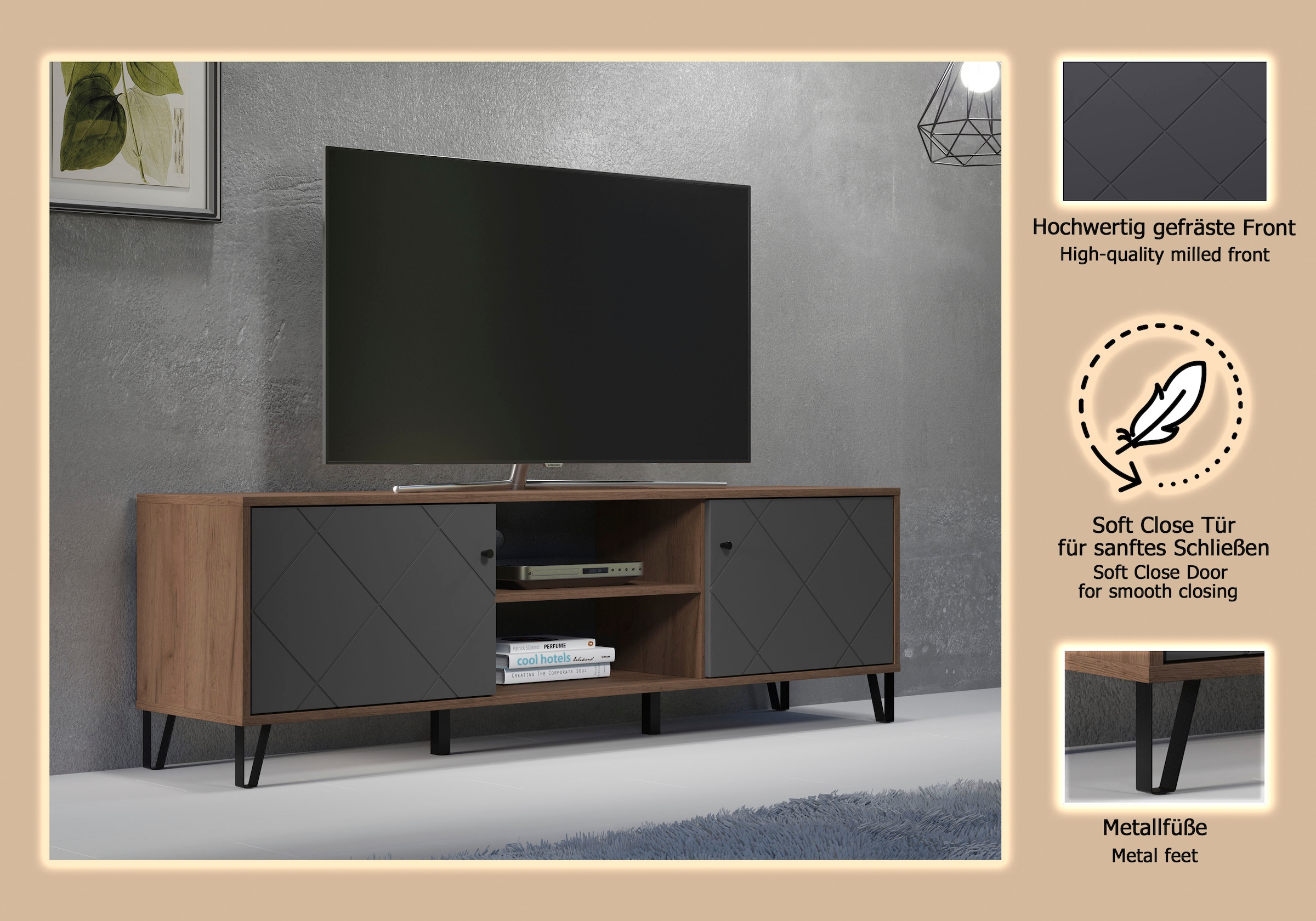 Places of Style Lowboard »Molveno«, (1 St.), TV-Unterteil mit 2 Türen & 2 Fächern - (B/T/H) 183/40/56 cm