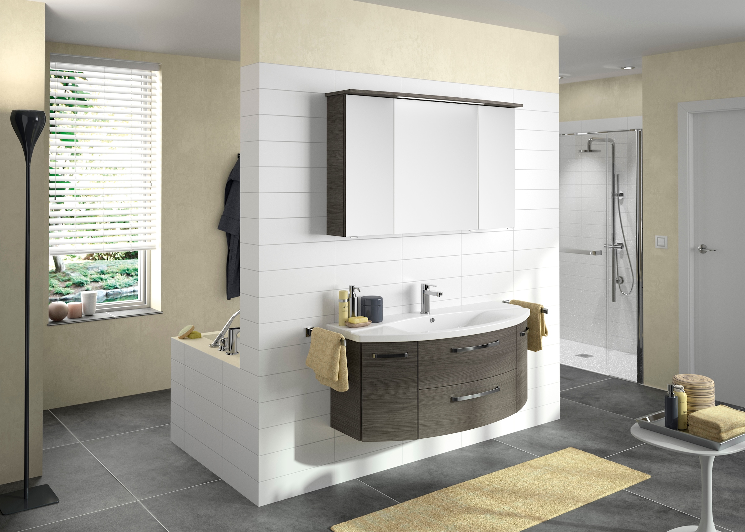 Saphir Badezimmerspiegelschrank »Serie 4010 Badezimmer-Spiegelschrank inkl. LED-Beleuchtung im Kranz«, Badschrank 122 cm breit, 3 Türen, 6 Glas-Einlegeböden, inkl Türdämpfer