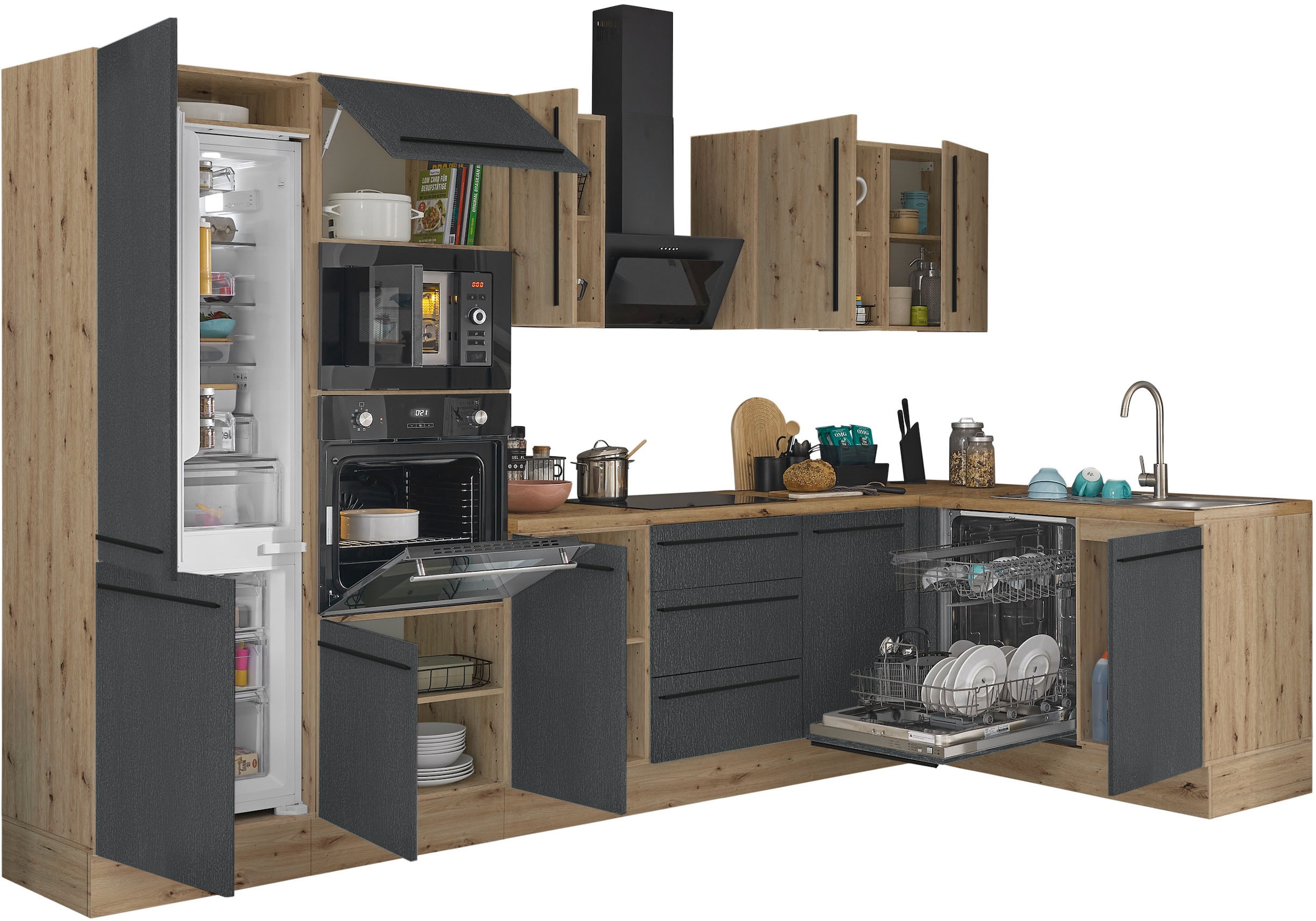 KOCHSTATION Winkelküche »Florida, Stellbreite 340x175 cm« wahlweise mit E-Geräten, mit Softclose für Türen und Schubkästen