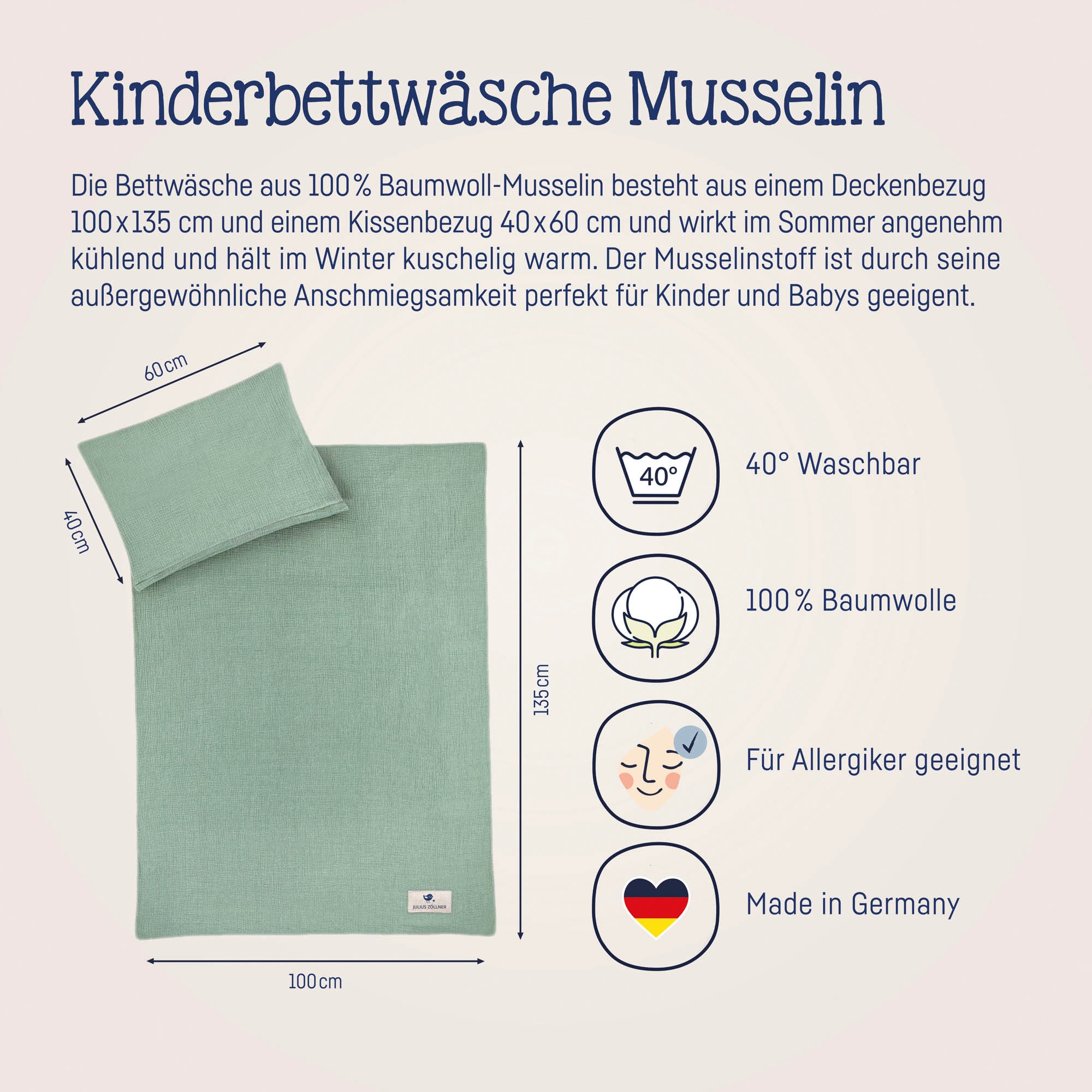Julius Zöllner Kinderbettwäsche »Baby- und Kinderbettwäsche aus 100% Musselin«, erhältlich in den Größen 80x80+35x40cm und 100x135+40x60cm