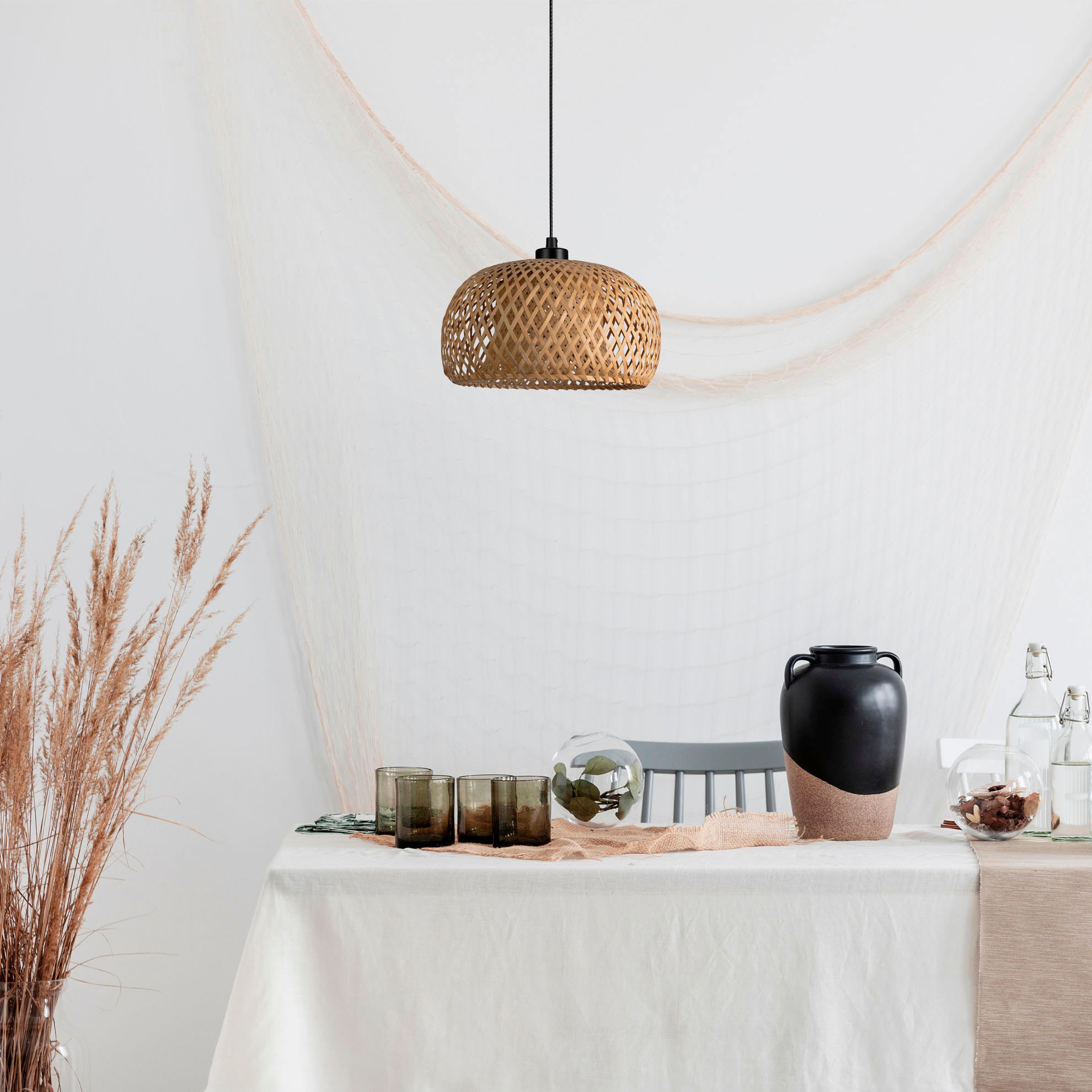 Paco Home Pendelleuchte »PESA«, Leuchtmittel E27 | ohne Leuchtmittel, Bambus Boho Hängeleuchte Rattan Optik Korblampen Esszimmerlampe