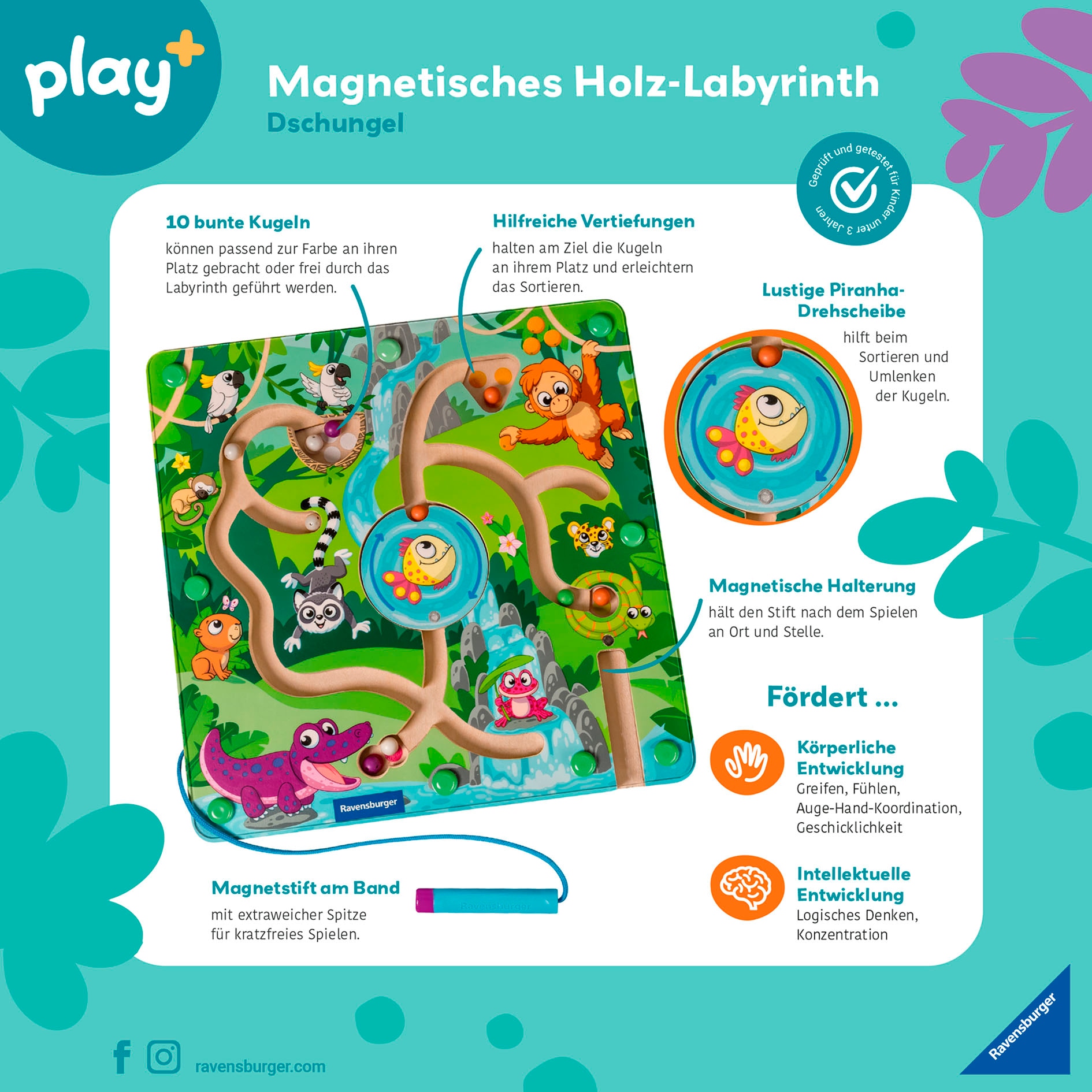 Ravensburger Spiel »Play+ Magnetisches Holz-Labyrinth: Dschungel«, Made in Europe