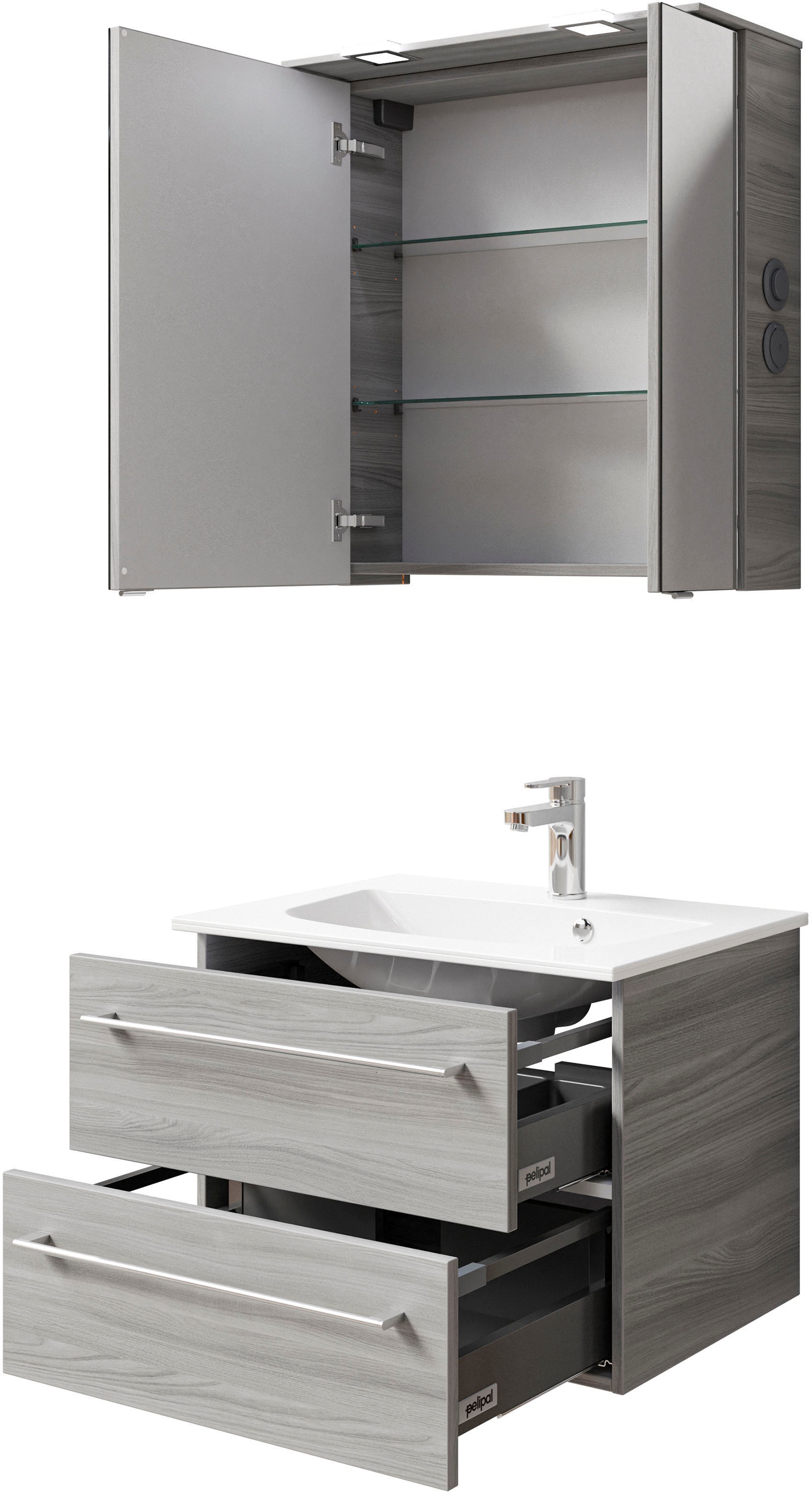 Saphir Badmöbel-Set »Serie 6025 2-teilig Mineralmarmor-Waschtisch mit LED-Spiegelschrank«, (2 St.), Waschplatz 67 cm breit, 2 Schubladen, 2 Spiegel-Türen, inkl Türdämpfer